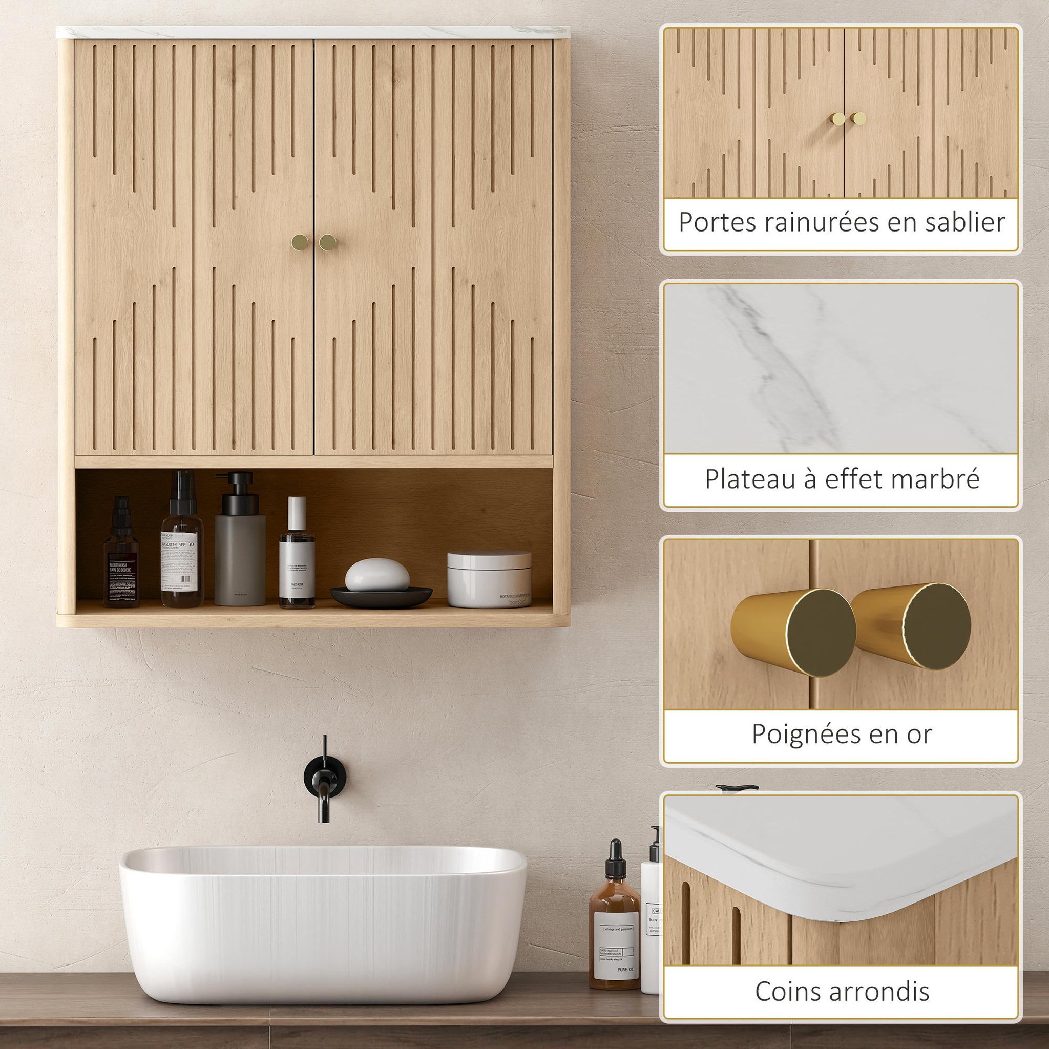 Voir la diapositive 4 : HOMCOM Armoire murale de salle de bain 2 portes étagère niche style bois naturel dim. 60 x 18 x 70 cm poignées métal doré