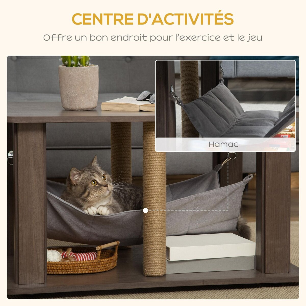 PAWHUT Table basse arbre à chat 2 en 1 - centre d'activités avec hamac, griffoirs - dim. 79L x 59l x 45,5H cm - polyester aspect bois gris