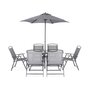 SWEEEK Table de jardin avec 6 fauteuils pliants gris et un parasol 2m. anthracite. structure acier avec revêtement anti rouille