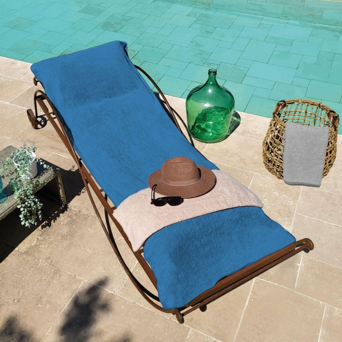 VIVEZEN Serviette de plage à rabat pour transat de bain, 100 % coton - 75 x 200 cm