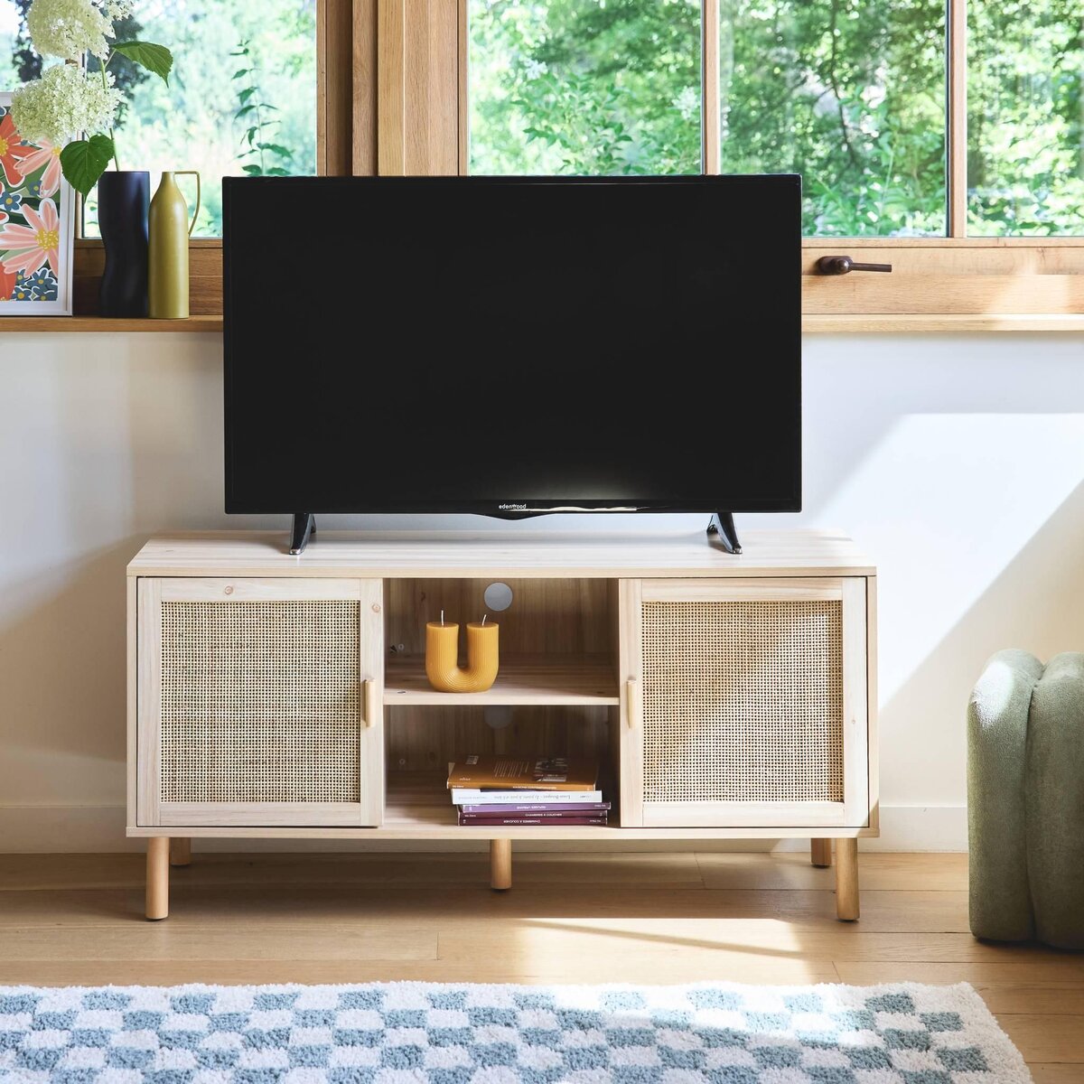 SWEEEK Meuble TV cannage et effet bois. 2 portes et 1 étagère. 120cm