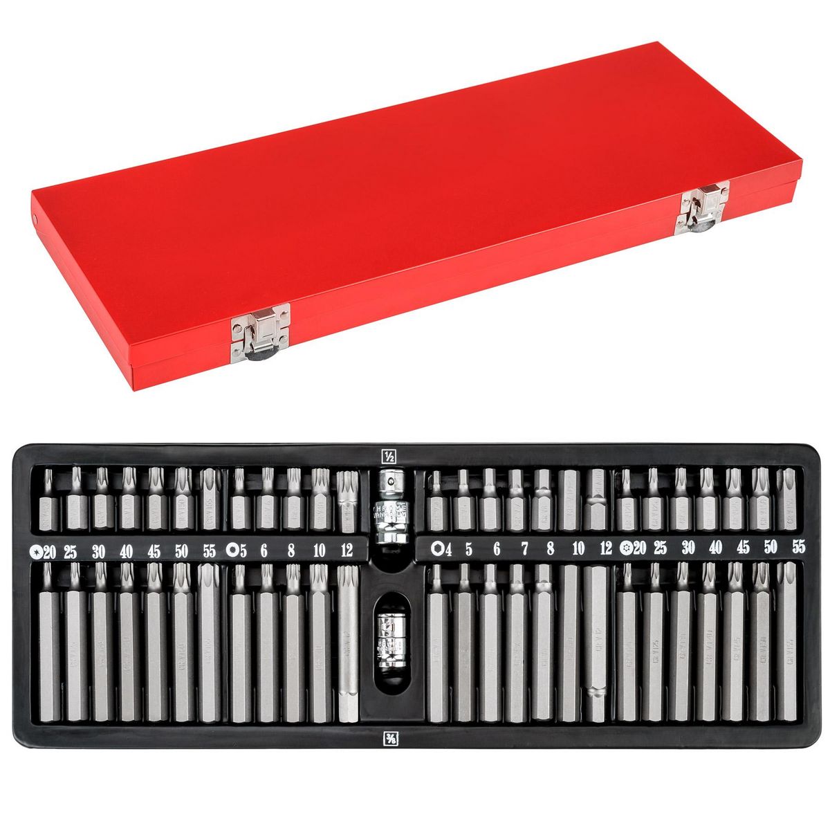 tectake Boîte avec 54 pièces, douilles et embouts torx jeu de 54 pièces rouge