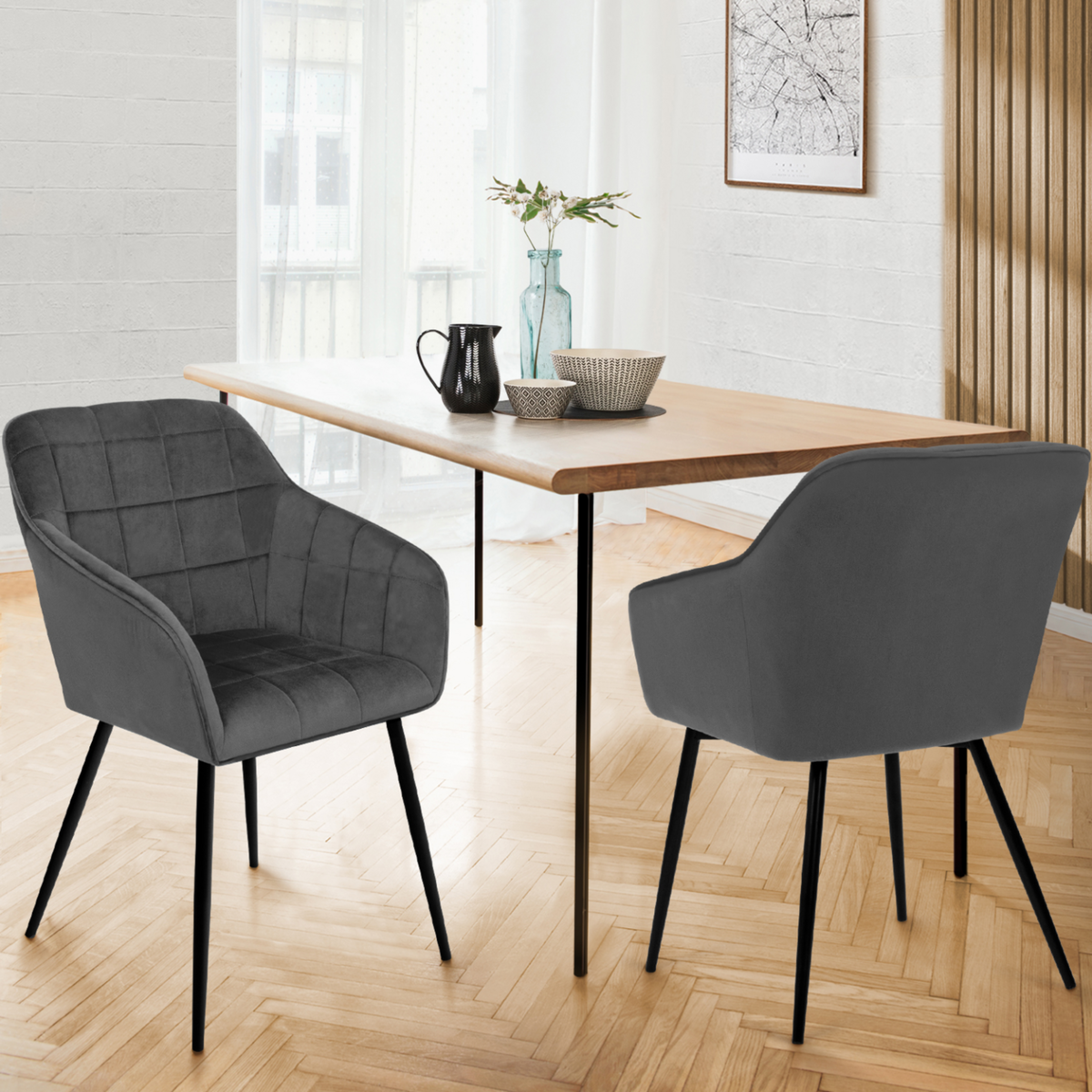 ID MARKET Lot de 2 chaises de salle à manger, fauteuils de table MADY en velours gris foncé