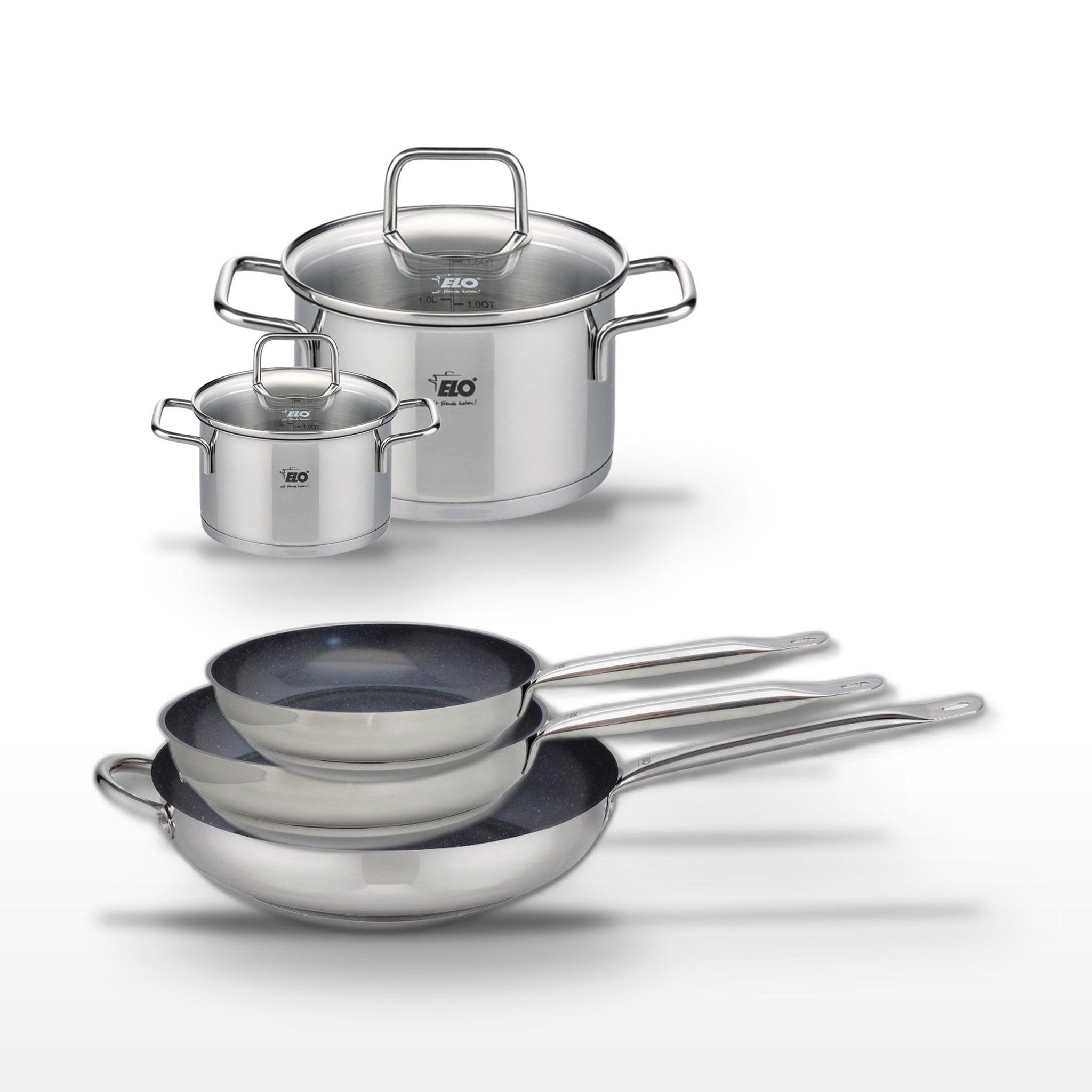 ELO Lot de 3 Poêles 24/28/32 cm Elo Profi Therm Platinum et 2 Faitouts Elo Citrin