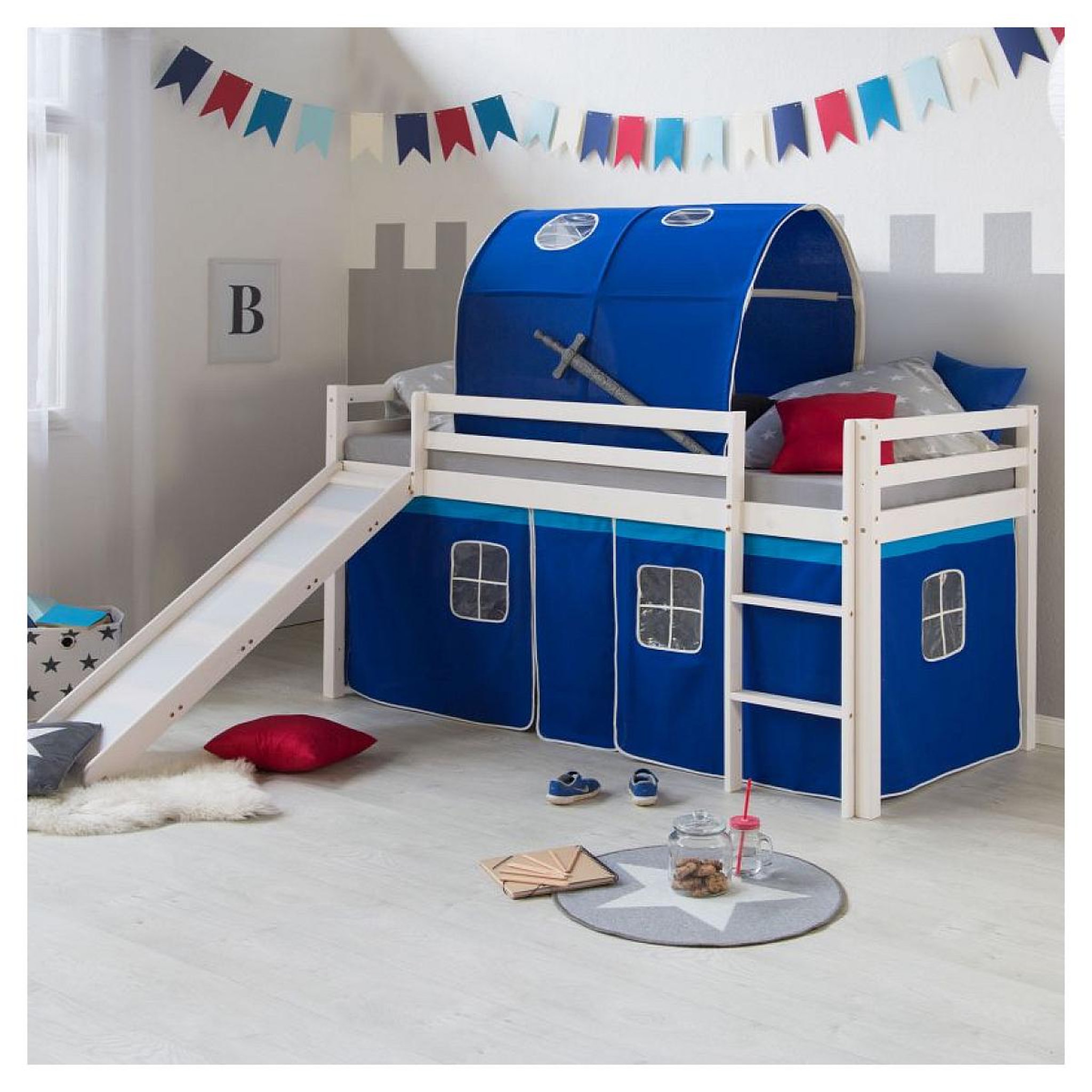 Voir la diapositive 2 : HomeStyle4U Lit bleu mi-haut avec matelas 90x200 cm tunnel