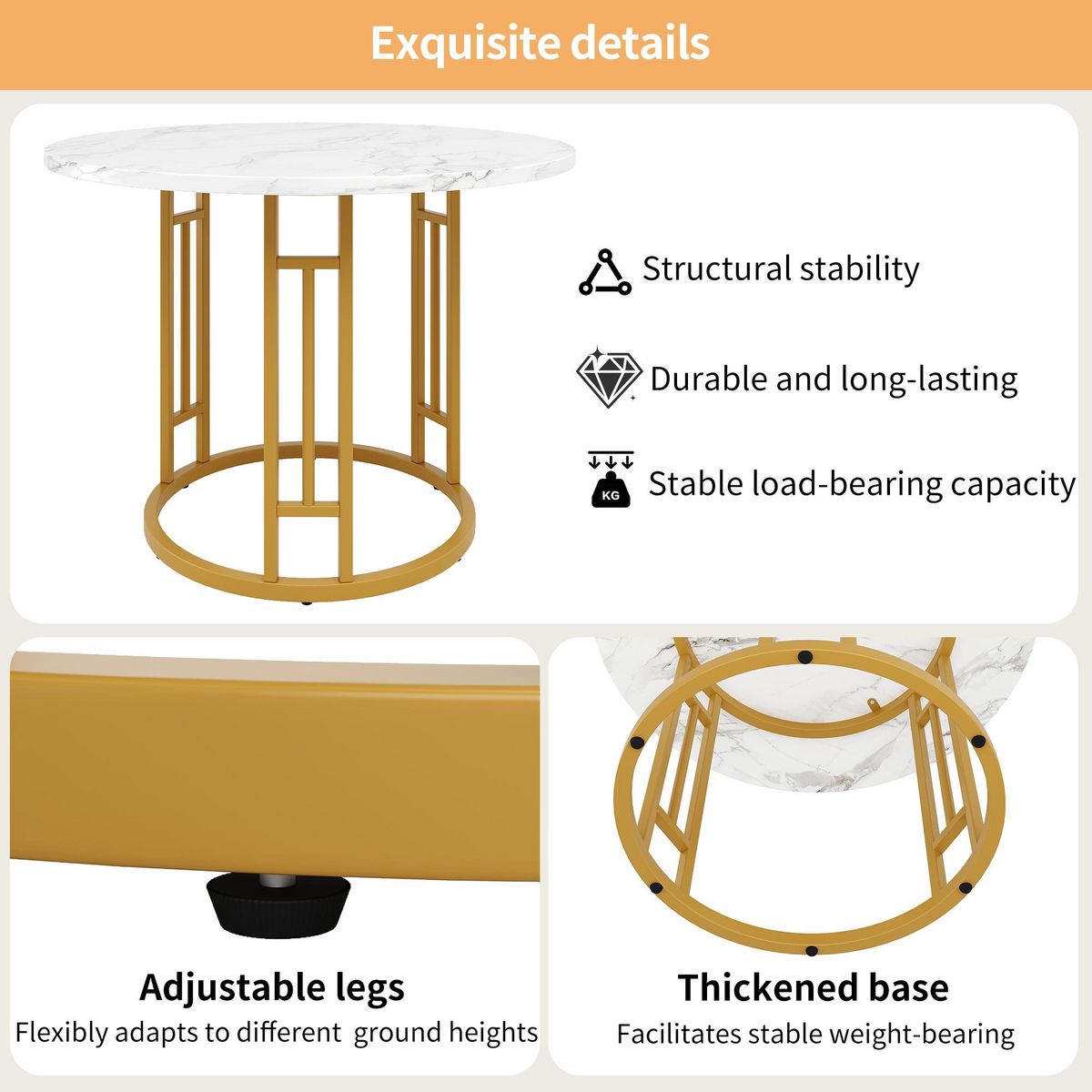 MERAX Table à manger ronde fixe blanc+doré - 80x80-80max.cm mdf