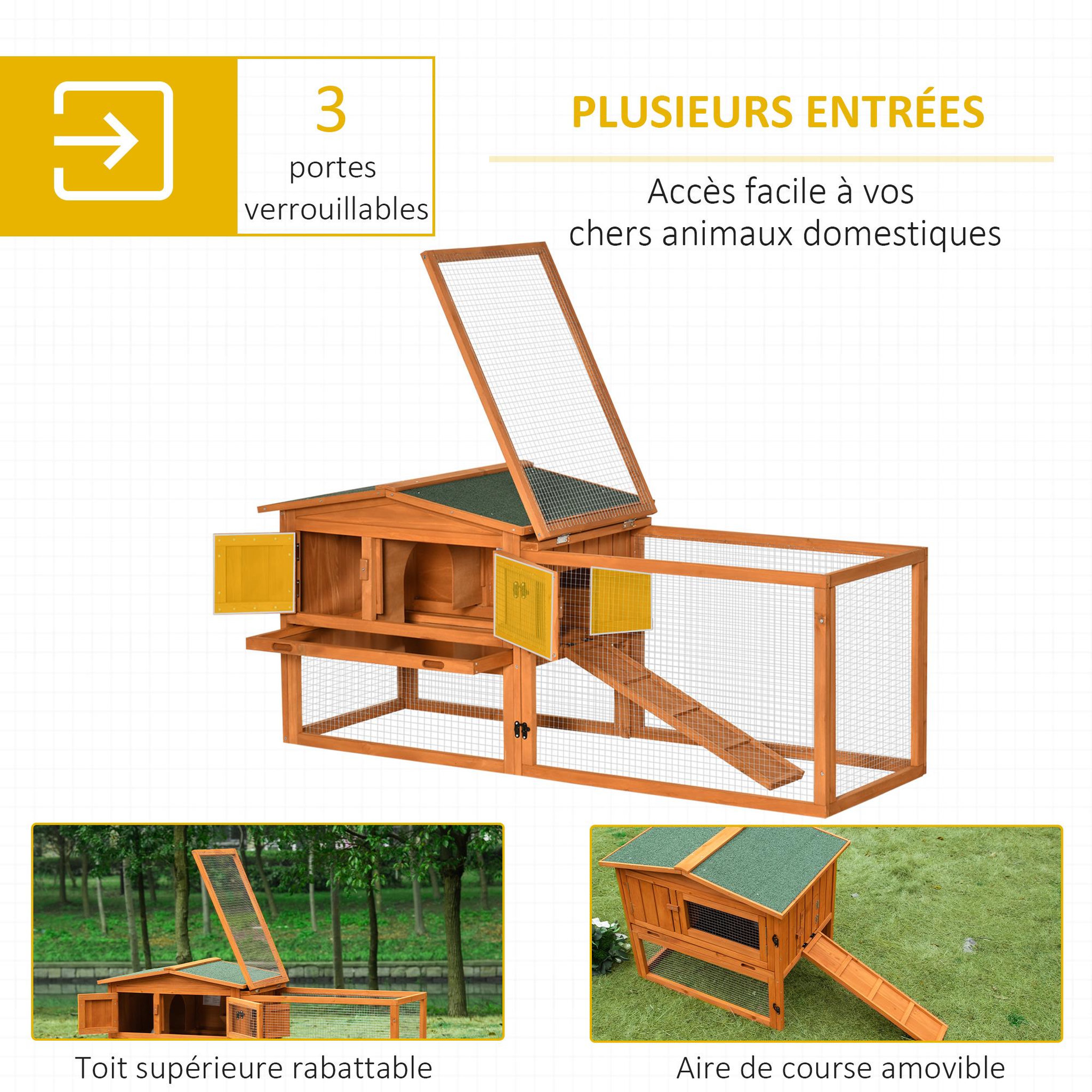 Voir la diapositive 4 : PAWHUT Clapier cage à lapins rongeurs 2 étages tiroir déjection enclos extérieur toit ouvrant dim. 156L x 58l x 68H cm bois sapin pré-huilé