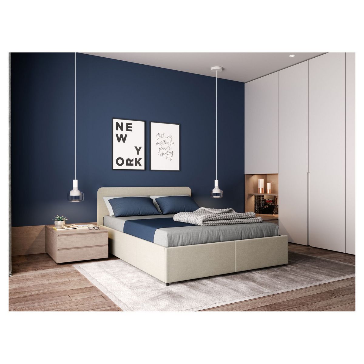 Lit coffre avec sommier relevable et tête de lit arrondie en tissu 160x200 cm CARVOEIRO