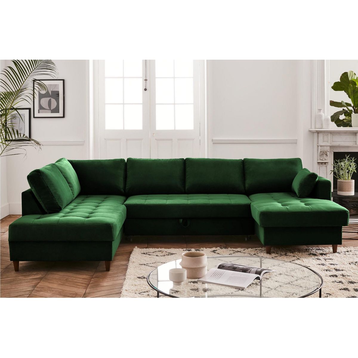 LISA DESIGN Anna - canapé panoramique d'angle gauche - 7 places - convertible avec coffre - en velours