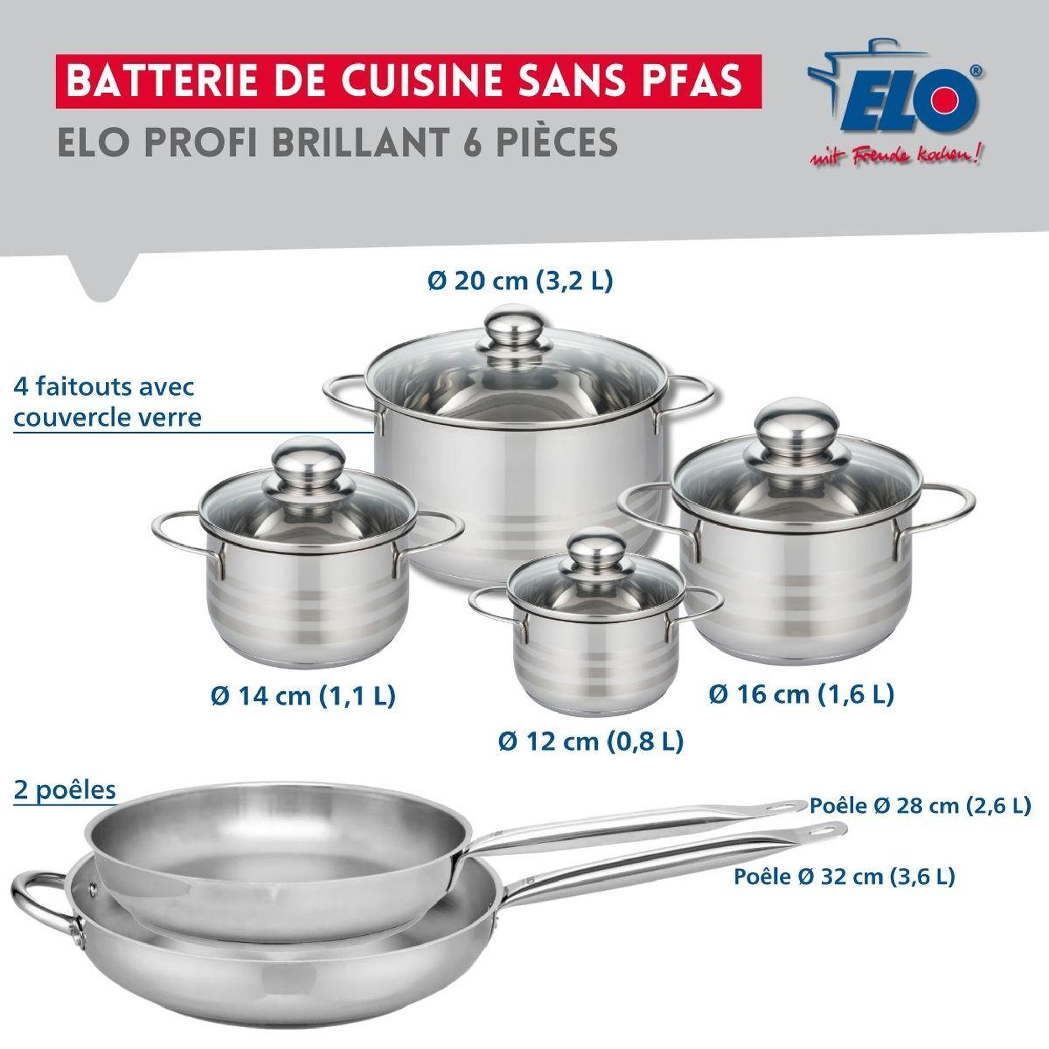 Voir la diapositive 2 : ELO Ensemble de 2 poêles de cuisson 28 et 32 cm et 4 faitouts 12, 14, 16 et 20 cm elo profi brillant