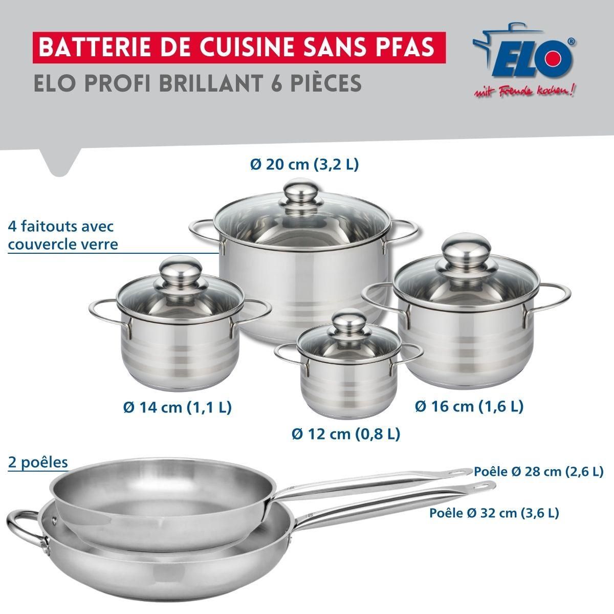 ELO Ensemble de 2 Poêles de cuisson 28 et 32 cm et 4 faitouts 12, 14, 16 et 20 cm Elo Profi Brillant