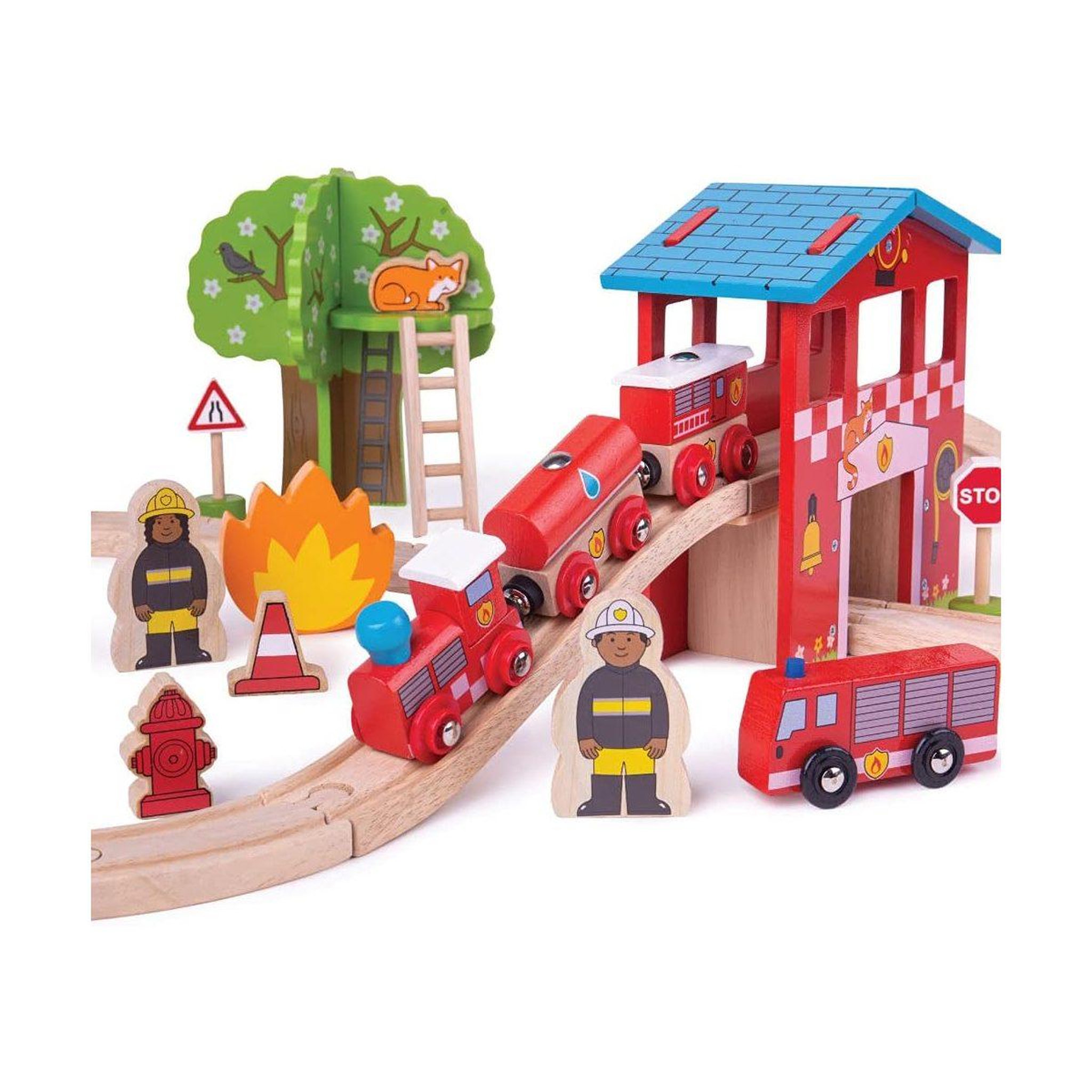 BIGJIGS Jeu en bois -  ensemble de train de caserne de pompiers