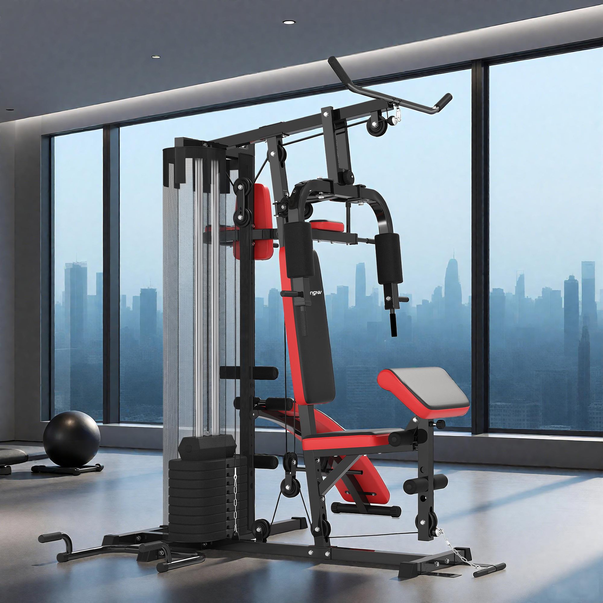 Voir la diapositive 4 : HOMCOM Station de musculation - banc, développé couché, butterfly, barre latissimus et traction, curler, bande résistance, 10 contrepoids - rouge