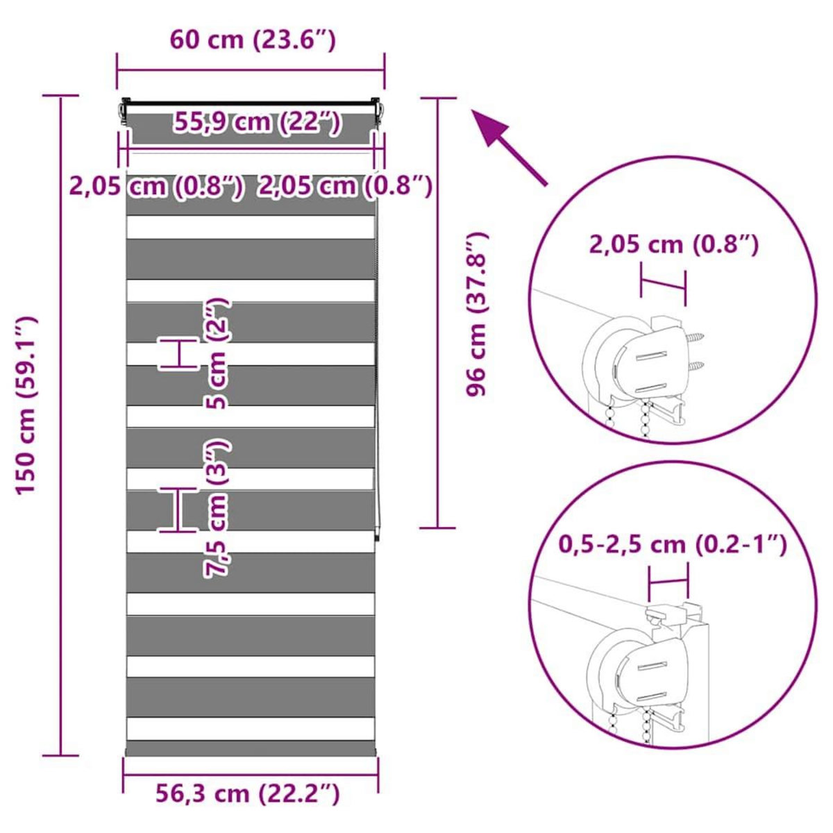 VIDAXL Store zebre blanc 60x150 cm largeur du tissu 55,9 cm polyester