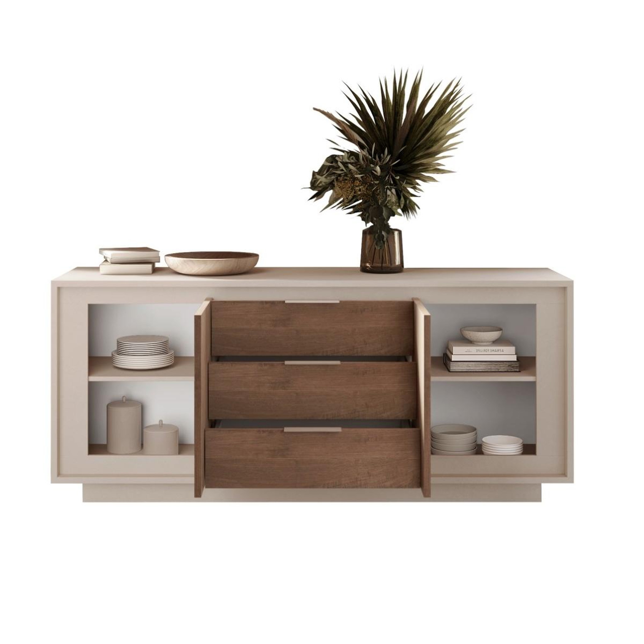 Voir la diapositive 3 : JLC KREATION Buffet bas beige et noyer 2 portes-3 tiroirs 180cm yori