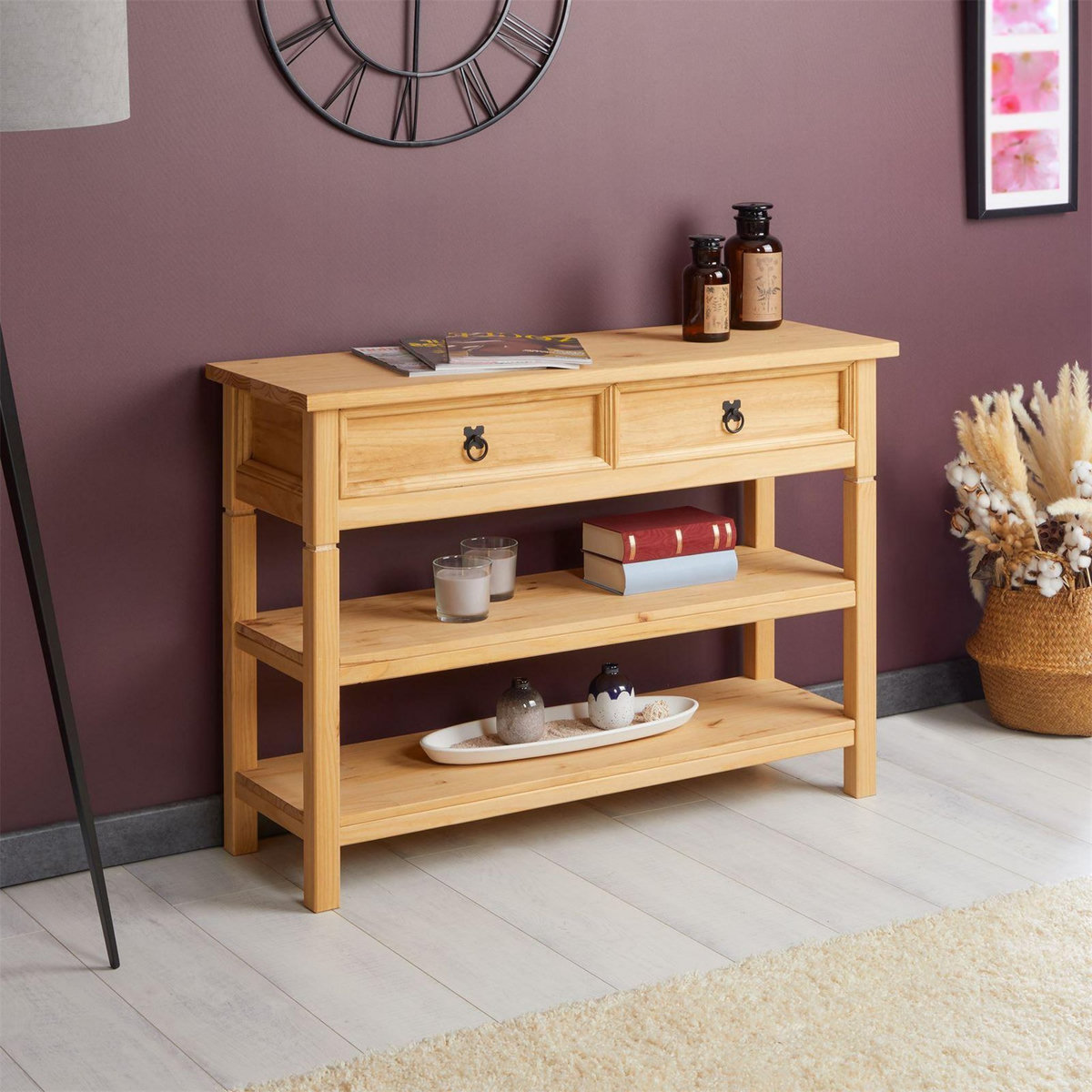 IDIMEX Table console en pin TEQUILA style mexicain, 1 tiroir et 2 étagères