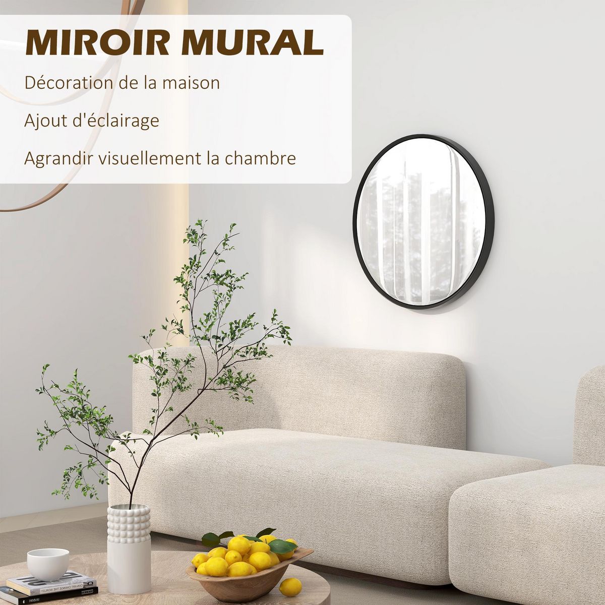 HOMCOM Miroir rond mural diamètre de 61 cm cadre en aluminium style minimaliste décoration noir