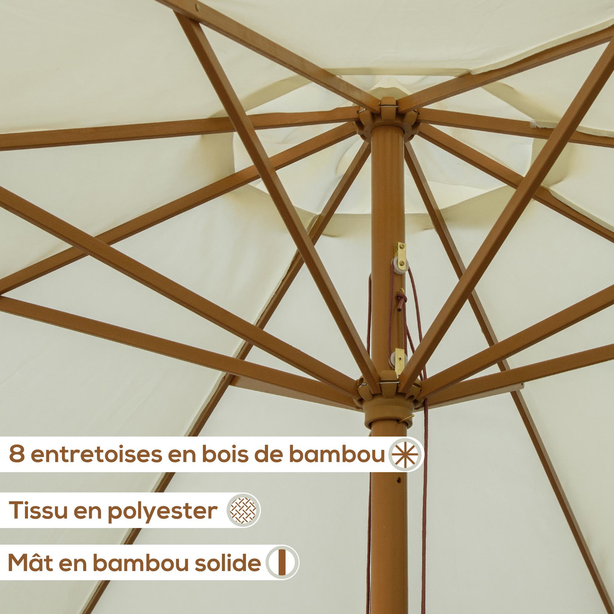 Voir la diapositive 6 : OUTSUNNY Parasol droit rond grande taille de jardin Ø 3,25 x 2,5H m bois de bambou polyester beige