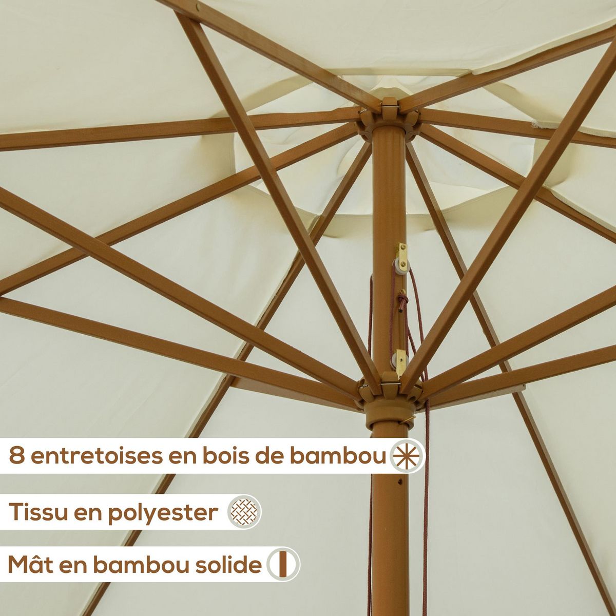 OUTSUNNY Parasol droit rond grande taille de jardin Ø 3,25 x 2,5H m bois de bambou polyester beige