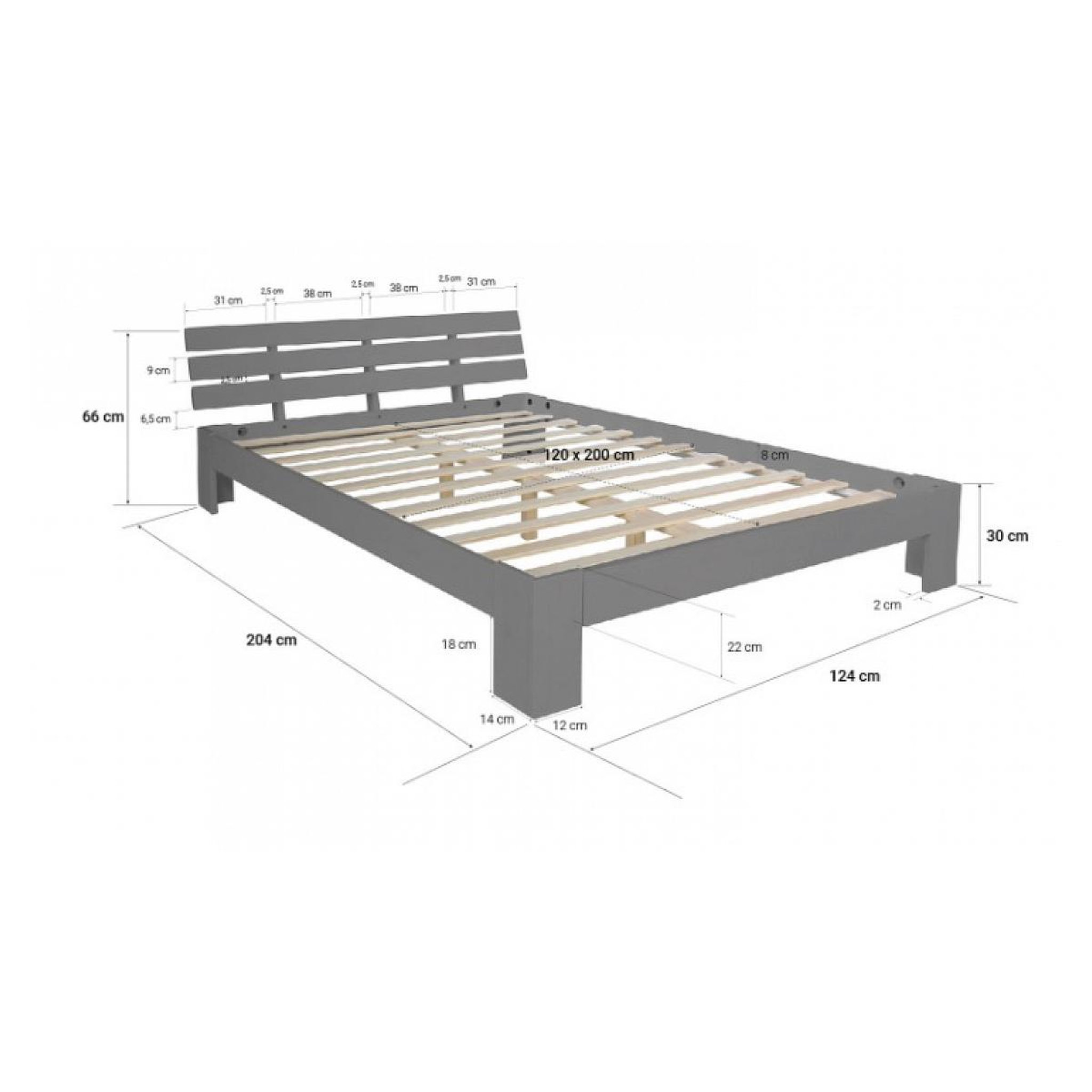 Voir la diapositive 2 : HomeStyle4U Lit double lit futon en bois 120x200 lit pin gris cadre de lit en bois massif