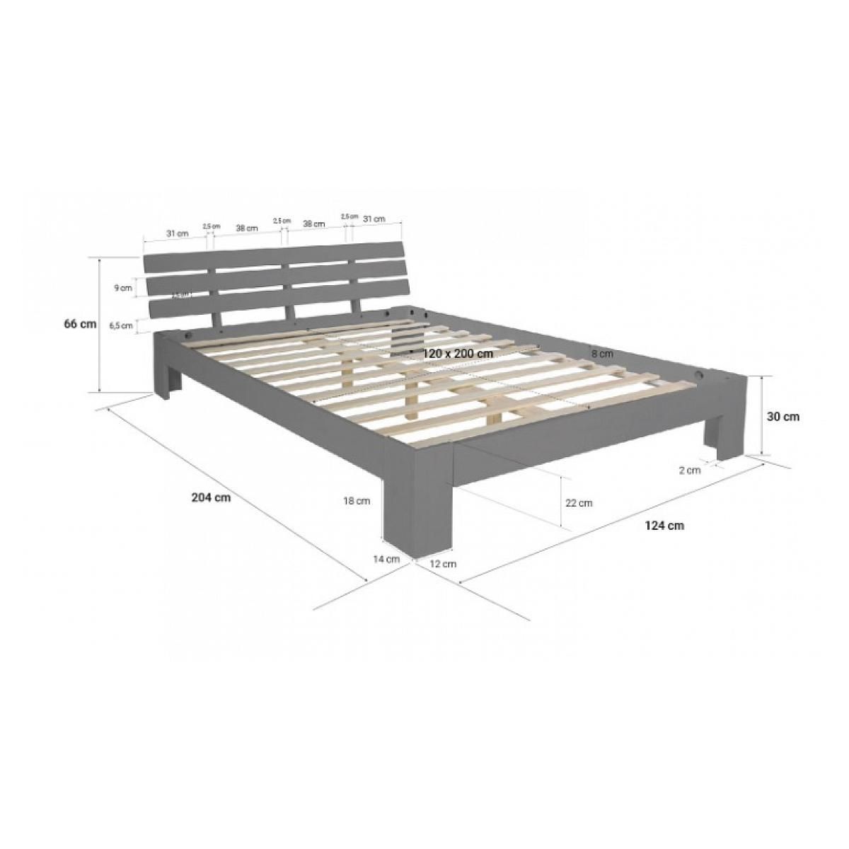 HomeStyle4U Lit double lit futon en bois 120x200 lit pin gris cadre de lit en bois massif