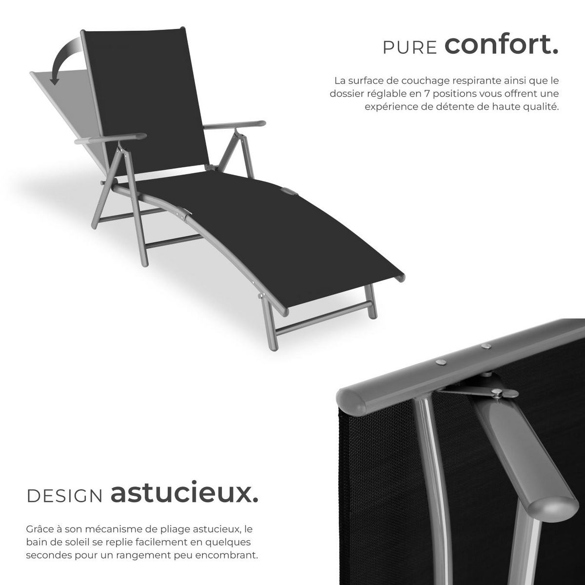 tectake Transat en acier pliable gris foncé