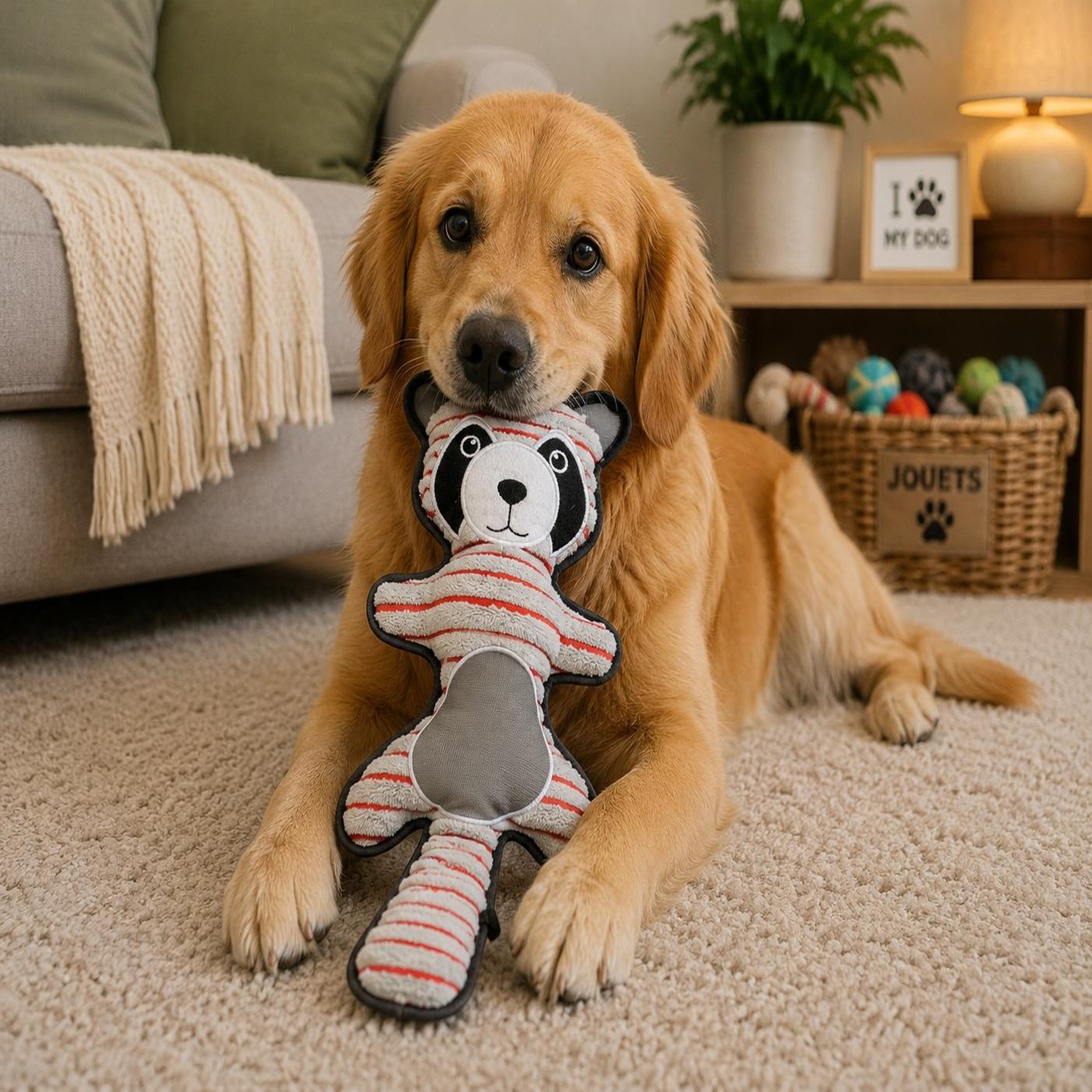 Voir la diapositive 2 : Eden Peluche raton laveur chien design et moderne