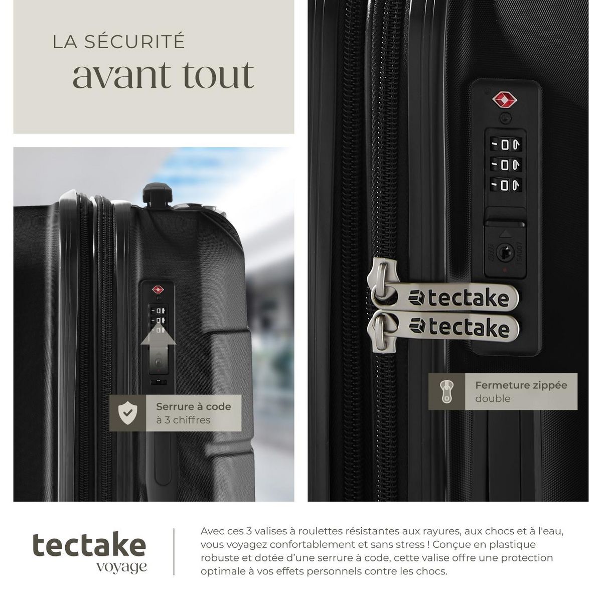 tectake Set de valises de voyage 3 pièces en plastique ABS robuste avec revêtement en polycarbonate noir