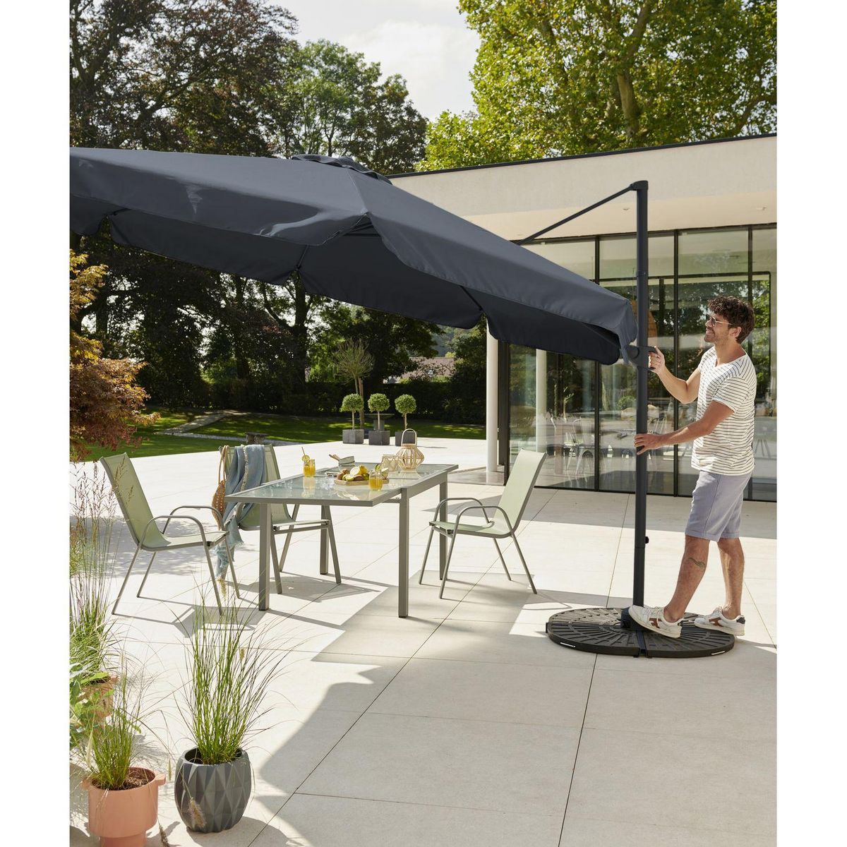 GARDENSTAR Parasol aluminium déporté gris bleuté rond  3,5M