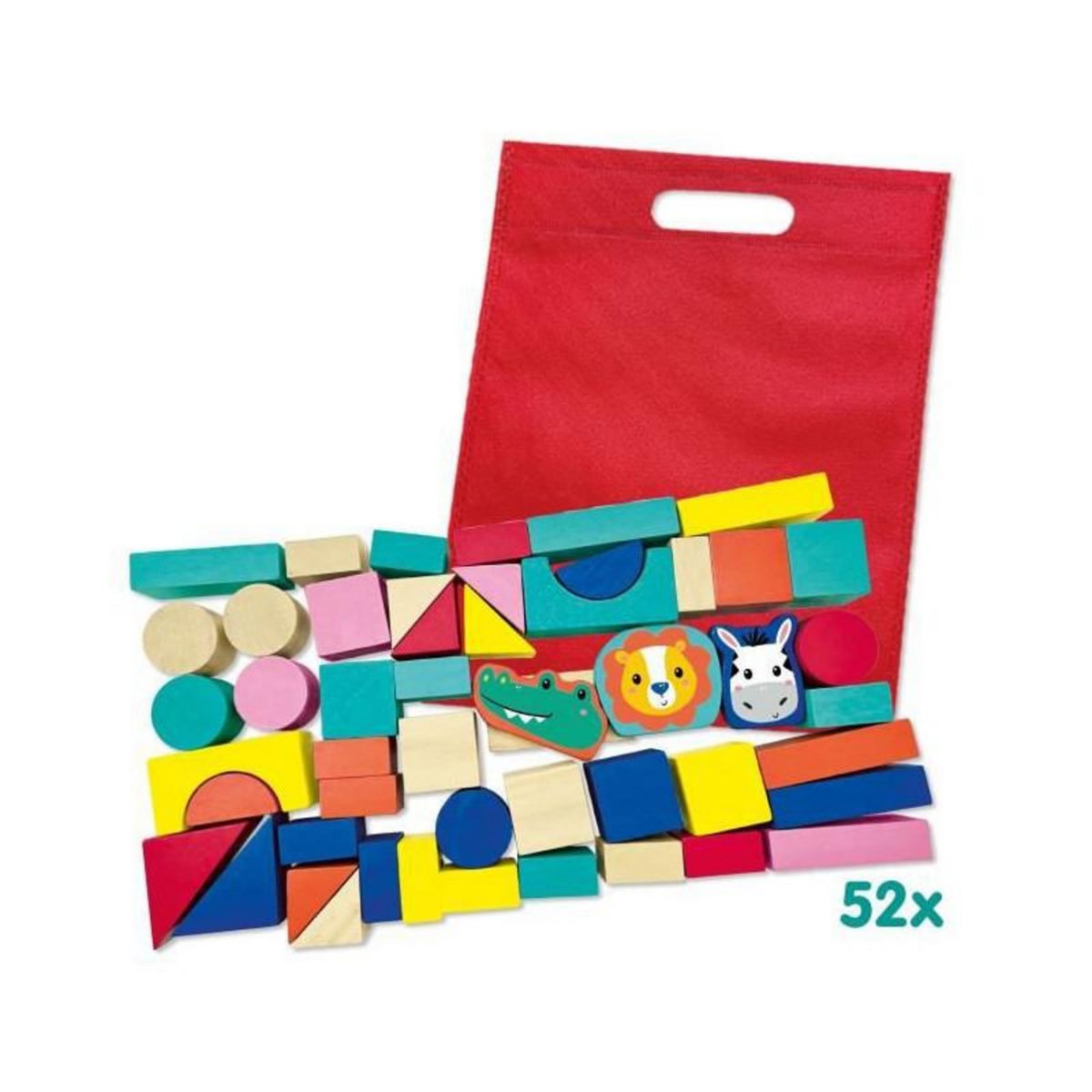 SES Creative SES CREATIVE Blocs de construction en bois - 50 pieces - Des 12 mois - 47 blocs, 3 figurines de jeu a tete d'animaux en bois, Sa