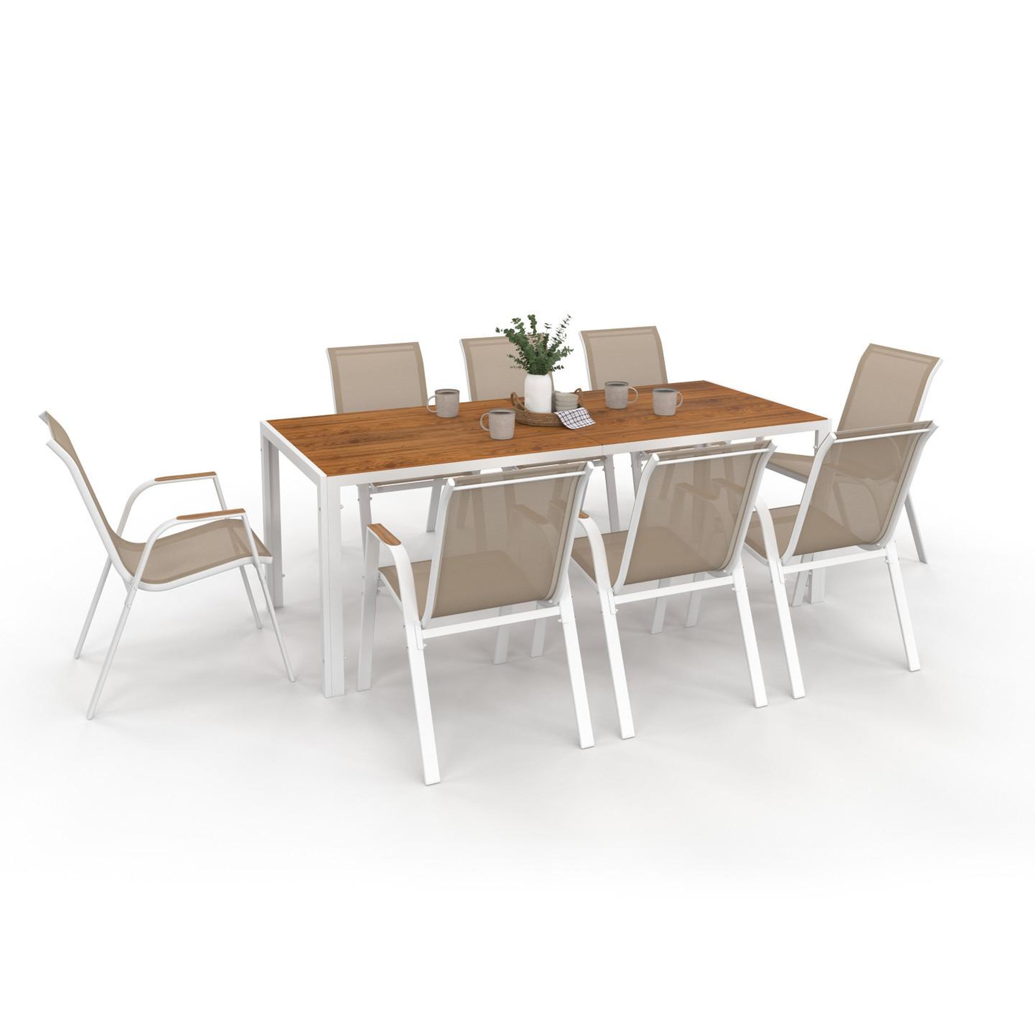 ID MARKET Salon de jardin noumea table 190 cm plateau verre trempé effet bois et 8 chaises empilables blanc et bois