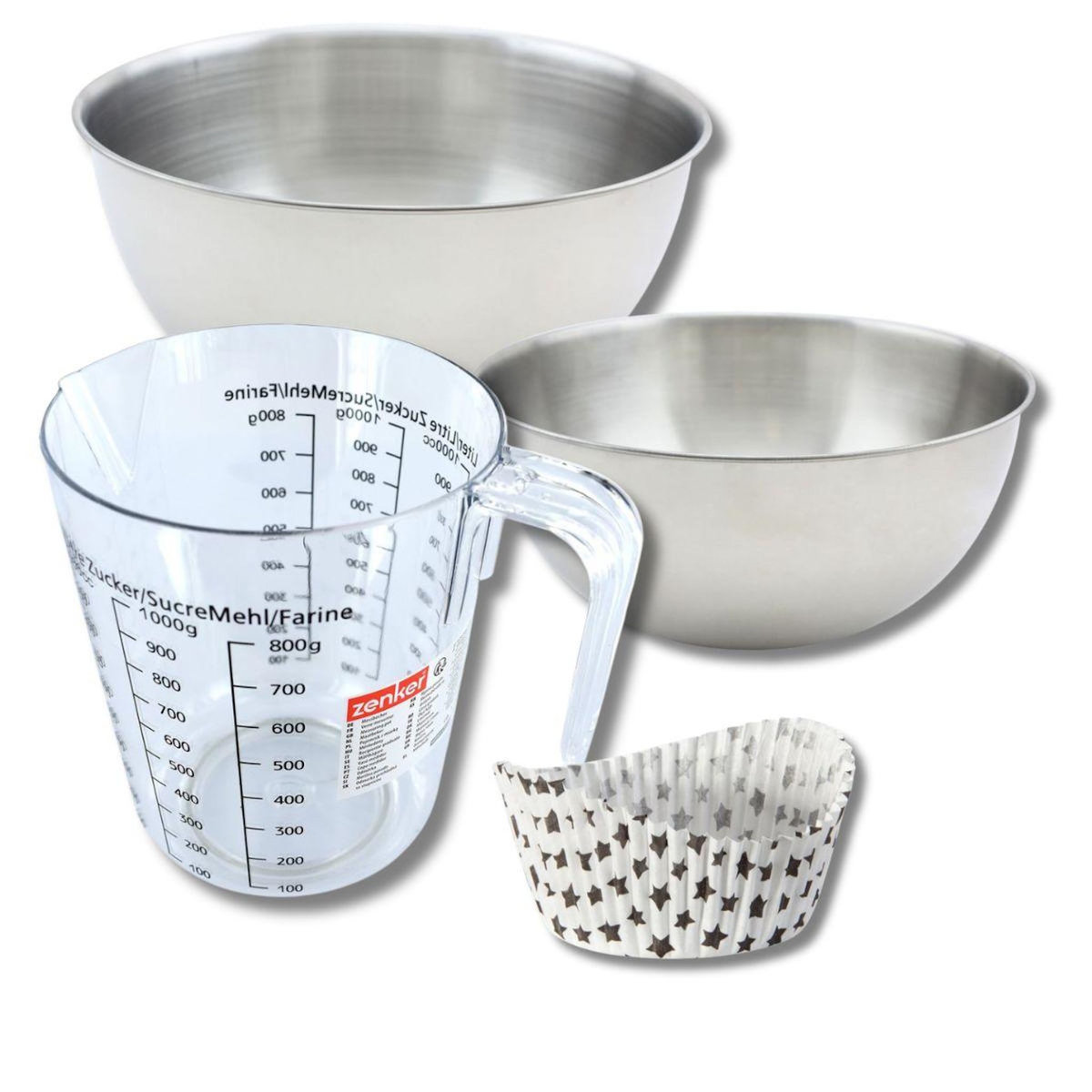 ZENKER Set pâtisserie avec 50 moules à muffins étoiles en papier, 2 bols à mixer, verre mesureur et spatule Zenker