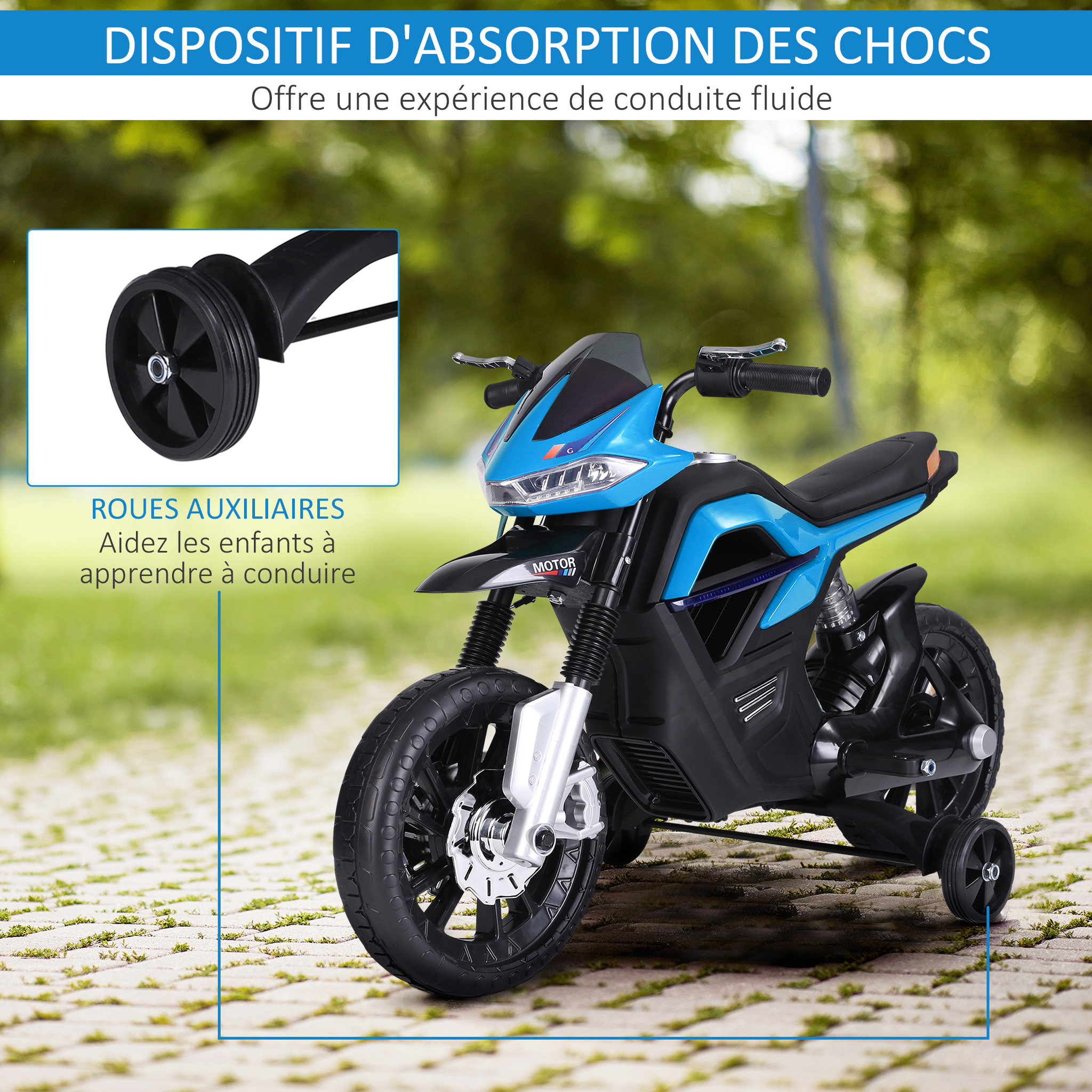Voir la diapositive 5 : HOMCOM Moto électrique pour enfants 25 W 6 V 3 Km/h effets lumineux et sonores roulettes amovibles bleu