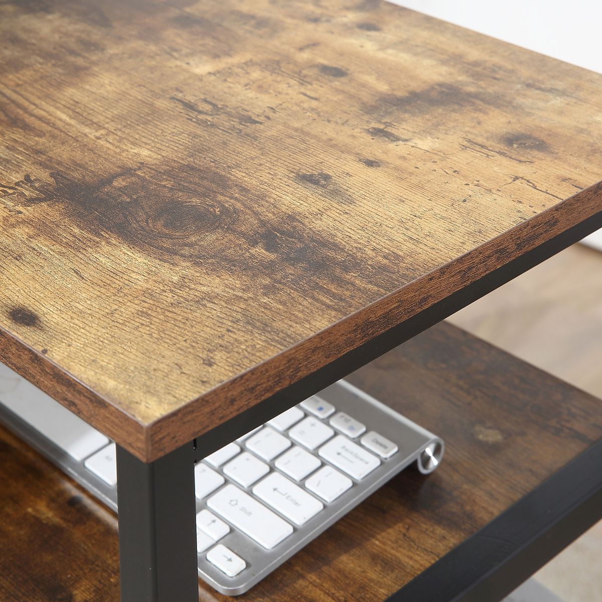 HOMCOM Bureau informatique design industriel bureau d'angle 3 étagères aspect vieux bois métal noir