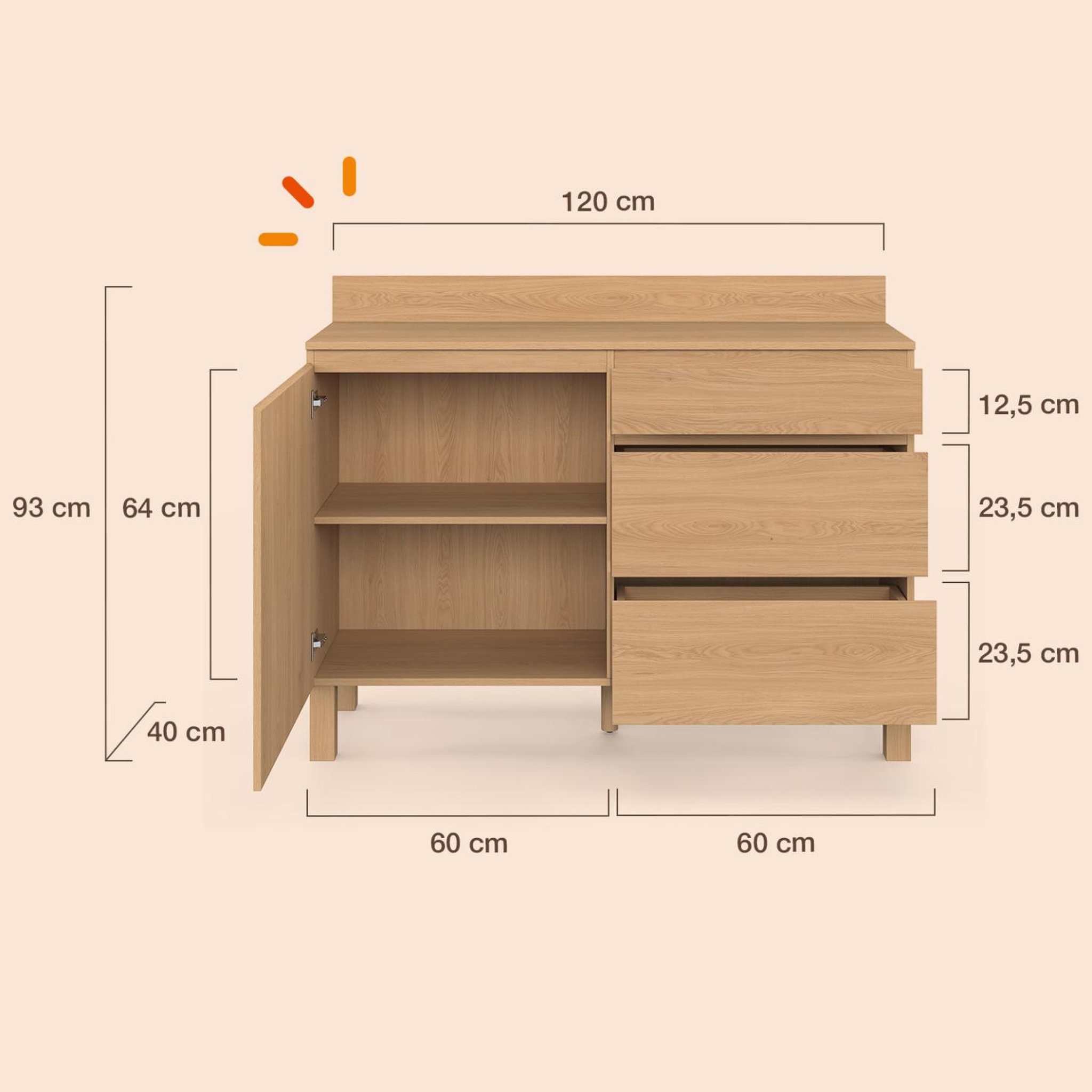 Voir la diapositive 5 : ID MARKET Buffet bas casserolier de cuisine 120 cm JULIETTE plan de travail H.83 cm 1 porte + 3 tiroirs effet lattes tasseau bois