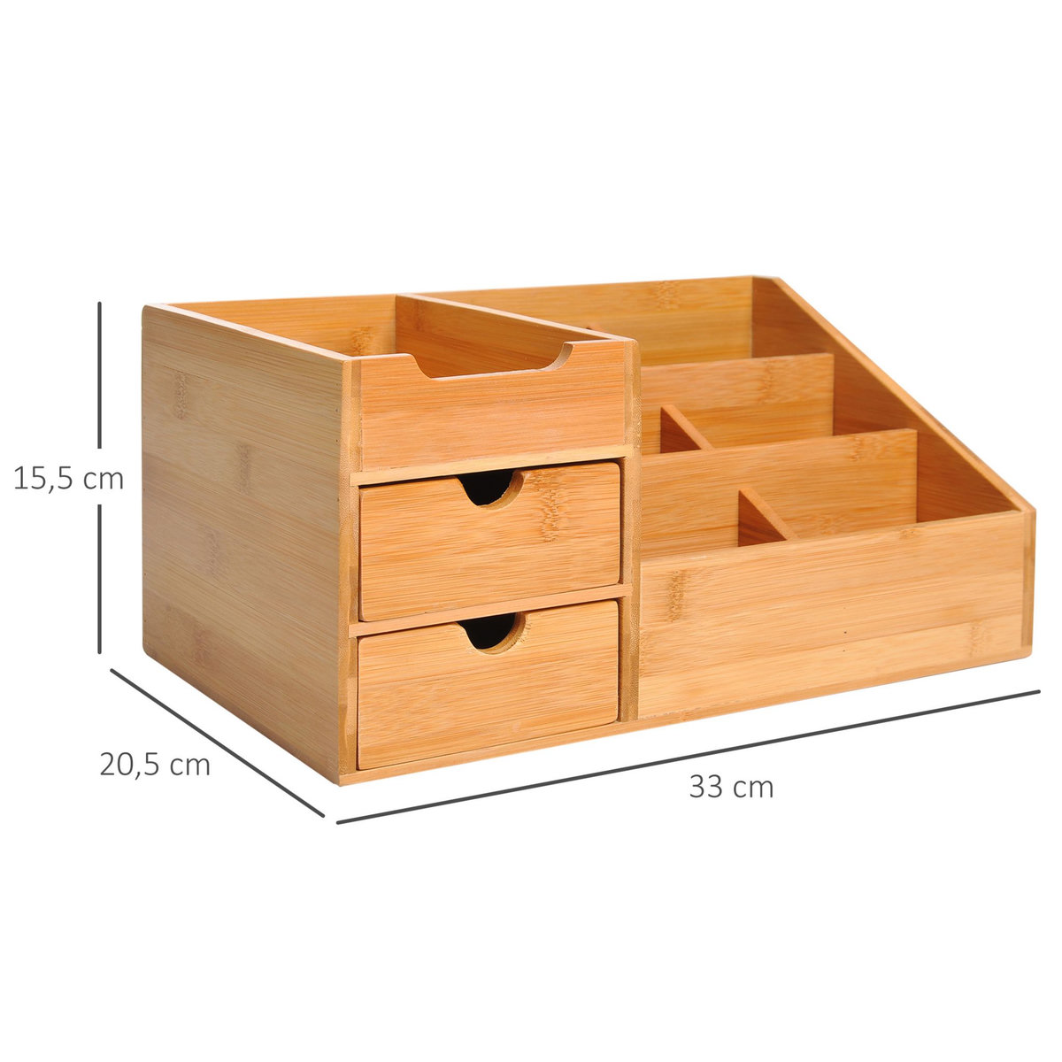 HOMCOM Boite de rangement de bureau - organiseur de bureau - 7 compartiments, 2 tiroirs - bambou verni