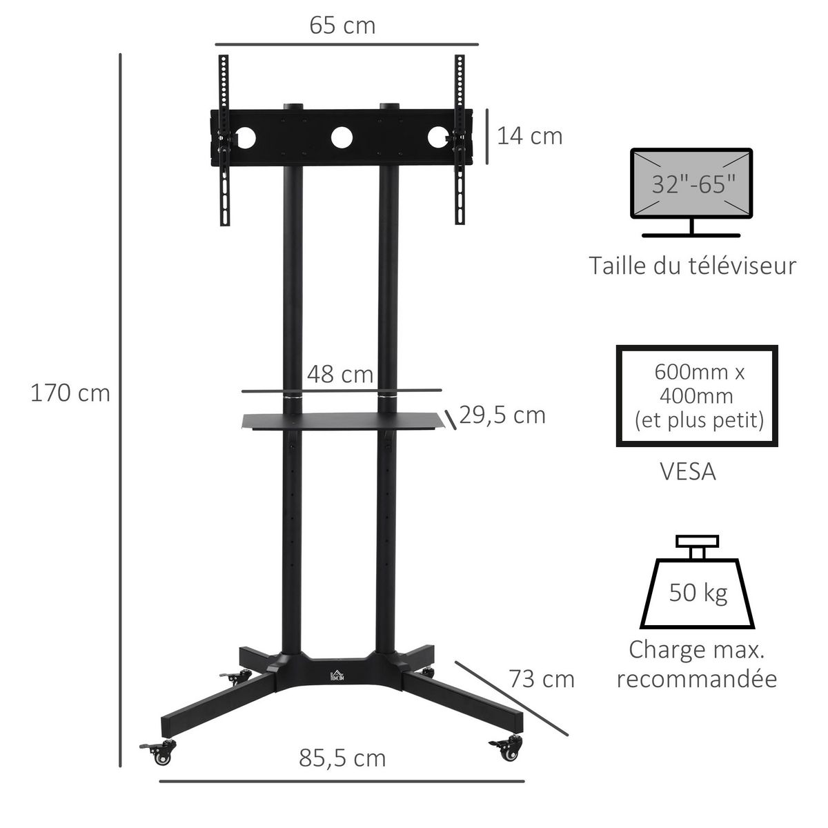 HOMCOM HOMCOM Support TV sur roulettes meuble TV roulant pour écran 32-65 pouces hauteur et angle réglable charge max. 50 Kg châssis acier noir