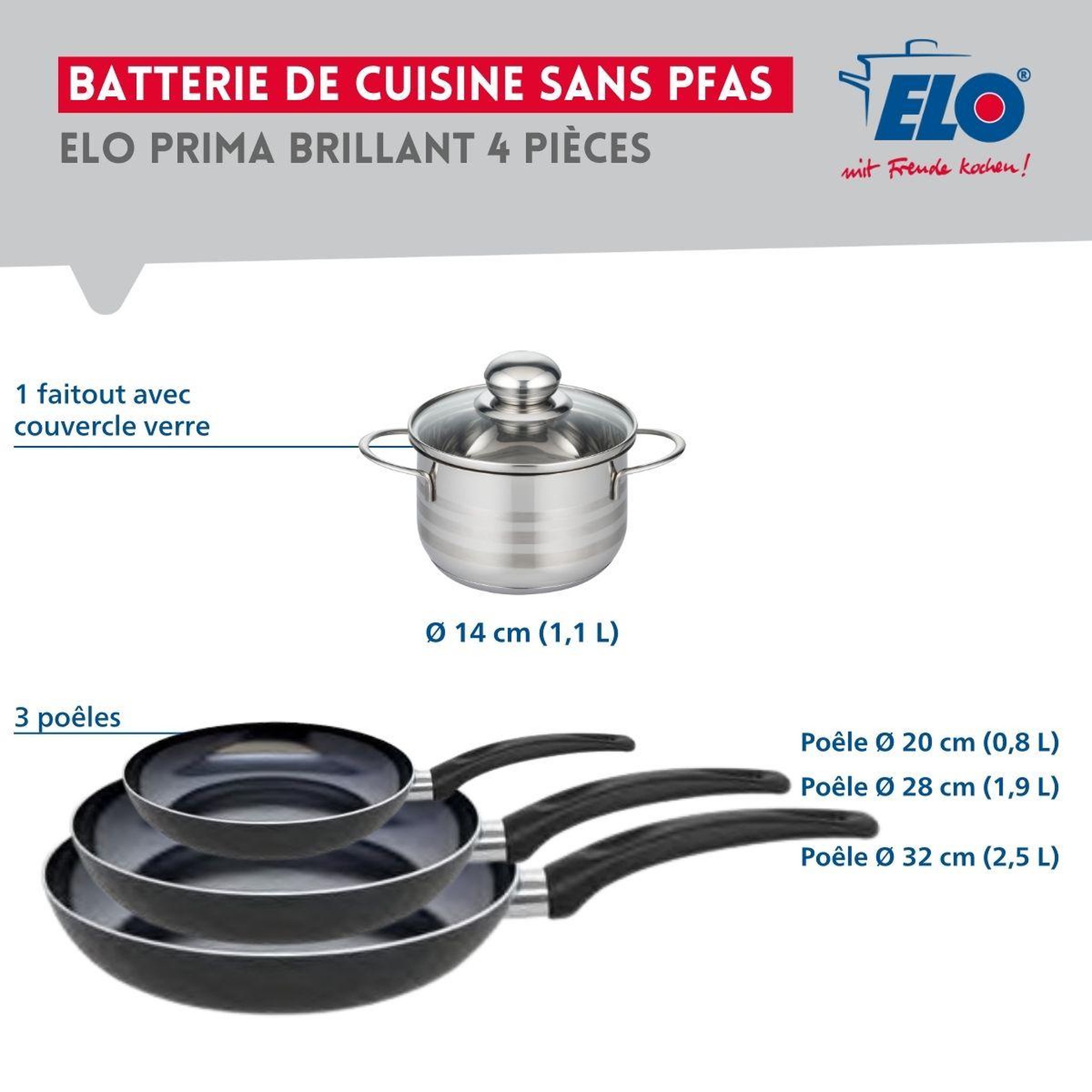 Voir la diapositive 2 : ELO Ensemble de 3 poêles de cuisson 20, 28 et 32 cm et 1 faitout 14 cm elo prima brillant