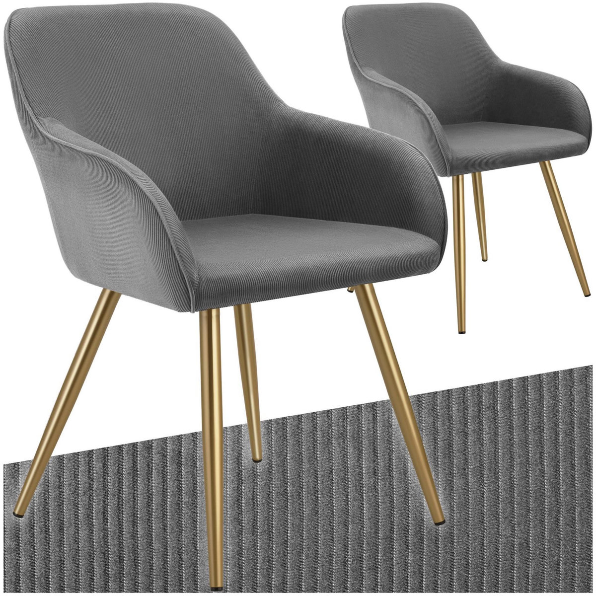 tectake Chaise de salle à manger rembourrée en velours côtelé gris/jaune or Lot de 2