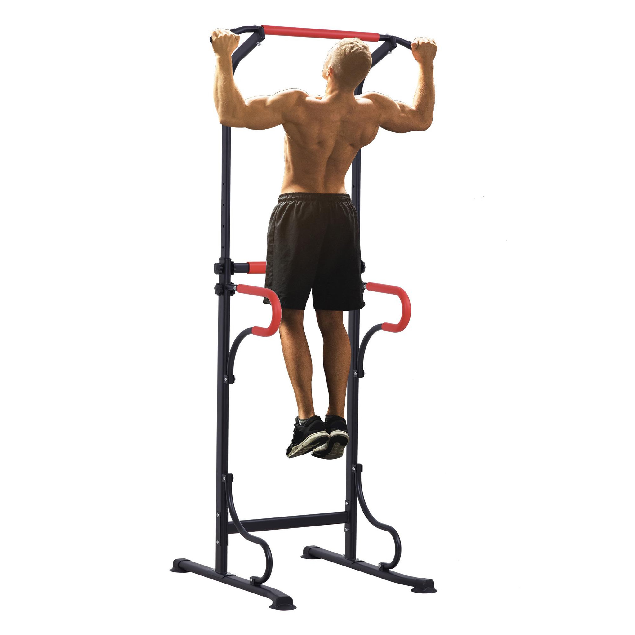 HOMCOM Station de musculation multifonctions barre de traction chaise romaine hauteur réglable acier noir rouge