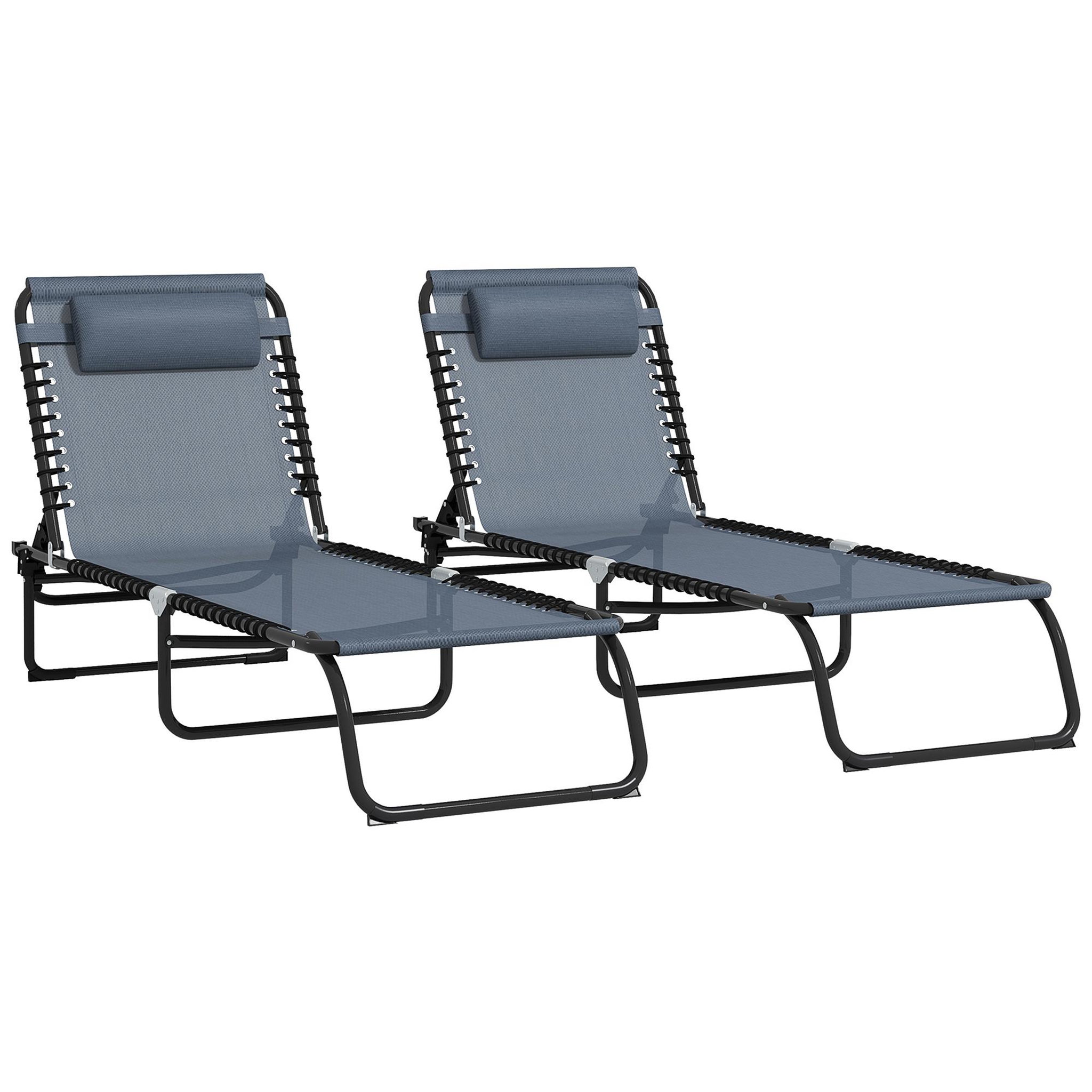 Voir la diapositive 1 : OUTSUNNY Lot de 2 bains de soleil transats pliables inclinables acier lacets élastiques noir textilène gris