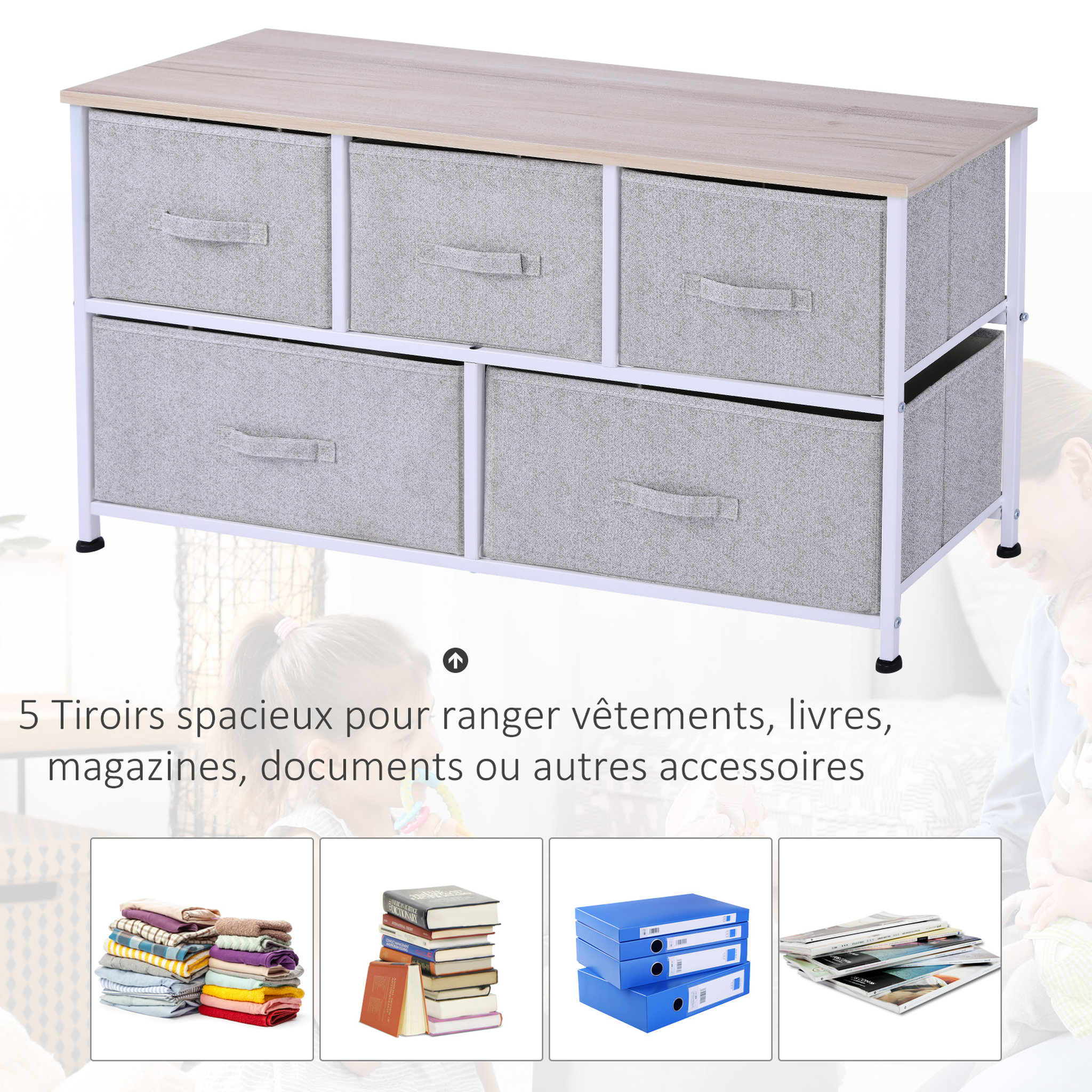 Voir la diapositive 4 : HOMCOM Commode meuble de rangement dim. 100L x 30l x 54H cm 5 tiroirs non-tissés gris structure métal blanc plateau MDF bois clair