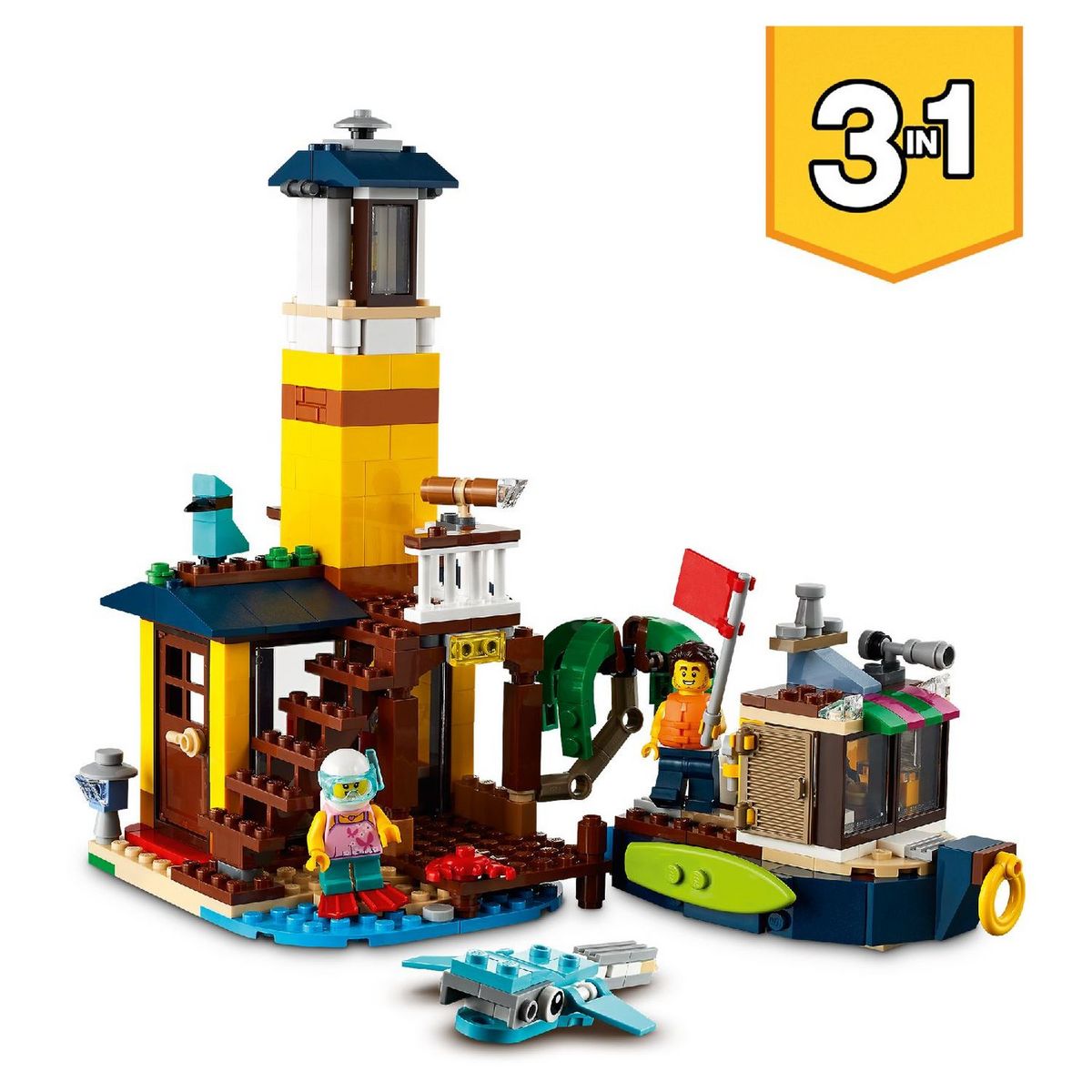 LEGO Creator 3-en-1 31118 La Maison sur la Plage du Surfeur, Jouet, Figurines Animaux Marins