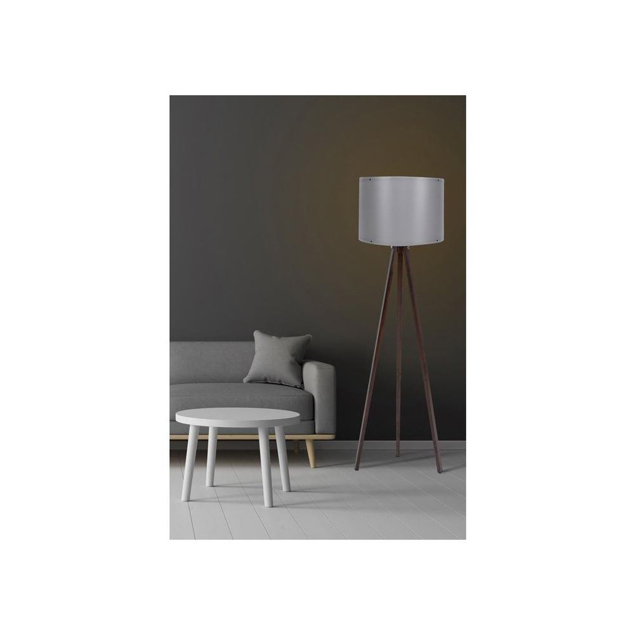 Voir la diapositive 3 : Lampe sur pied style scandinave grise et noyer 145 cm avec trépied MDF et abat-jour en polypropylène E27 40 W