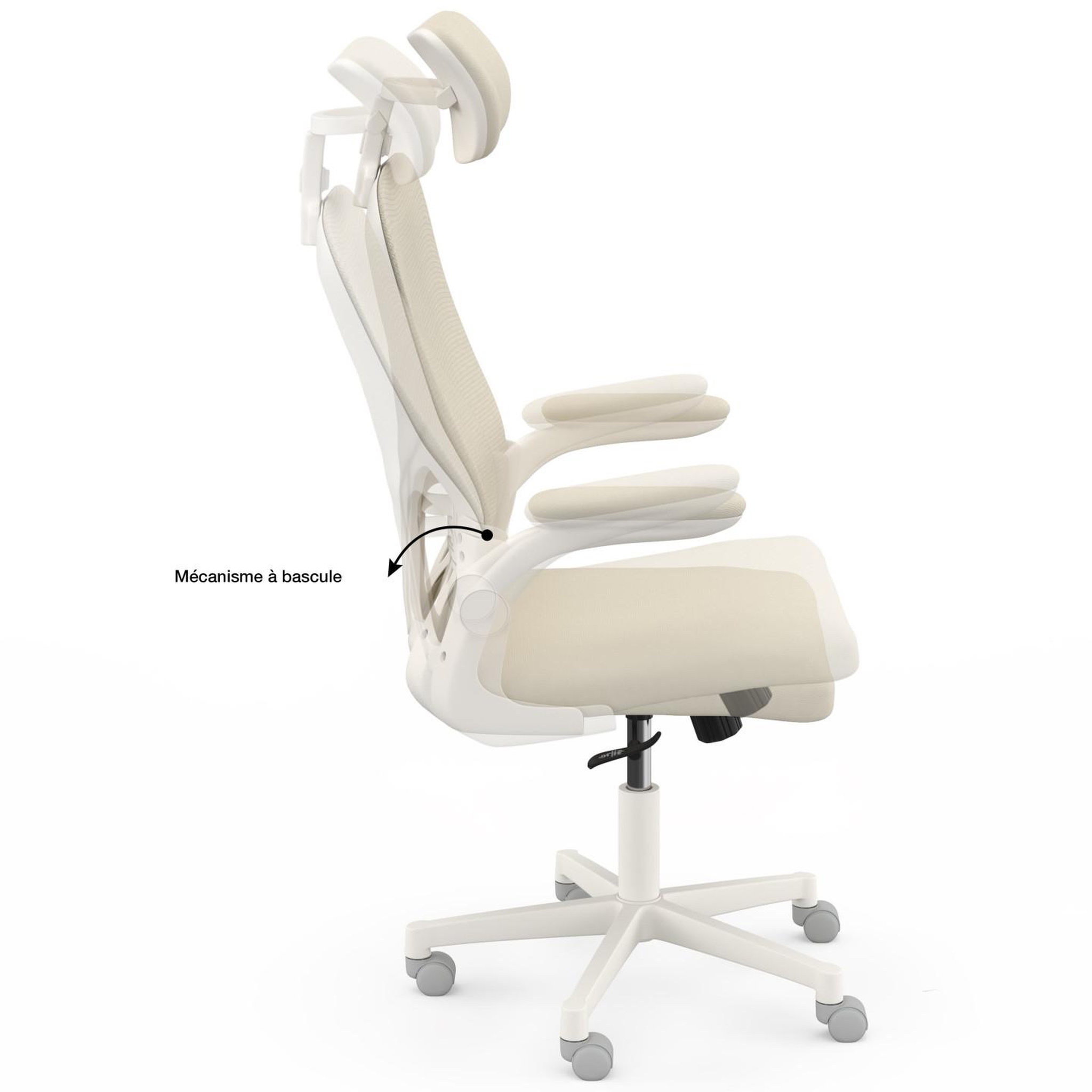 Voir la diapositive 6 : ID MARKET Fauteuil de bureau JAMES ergonomique en toile respirante et appui-tête avec roulettes beige et blanc