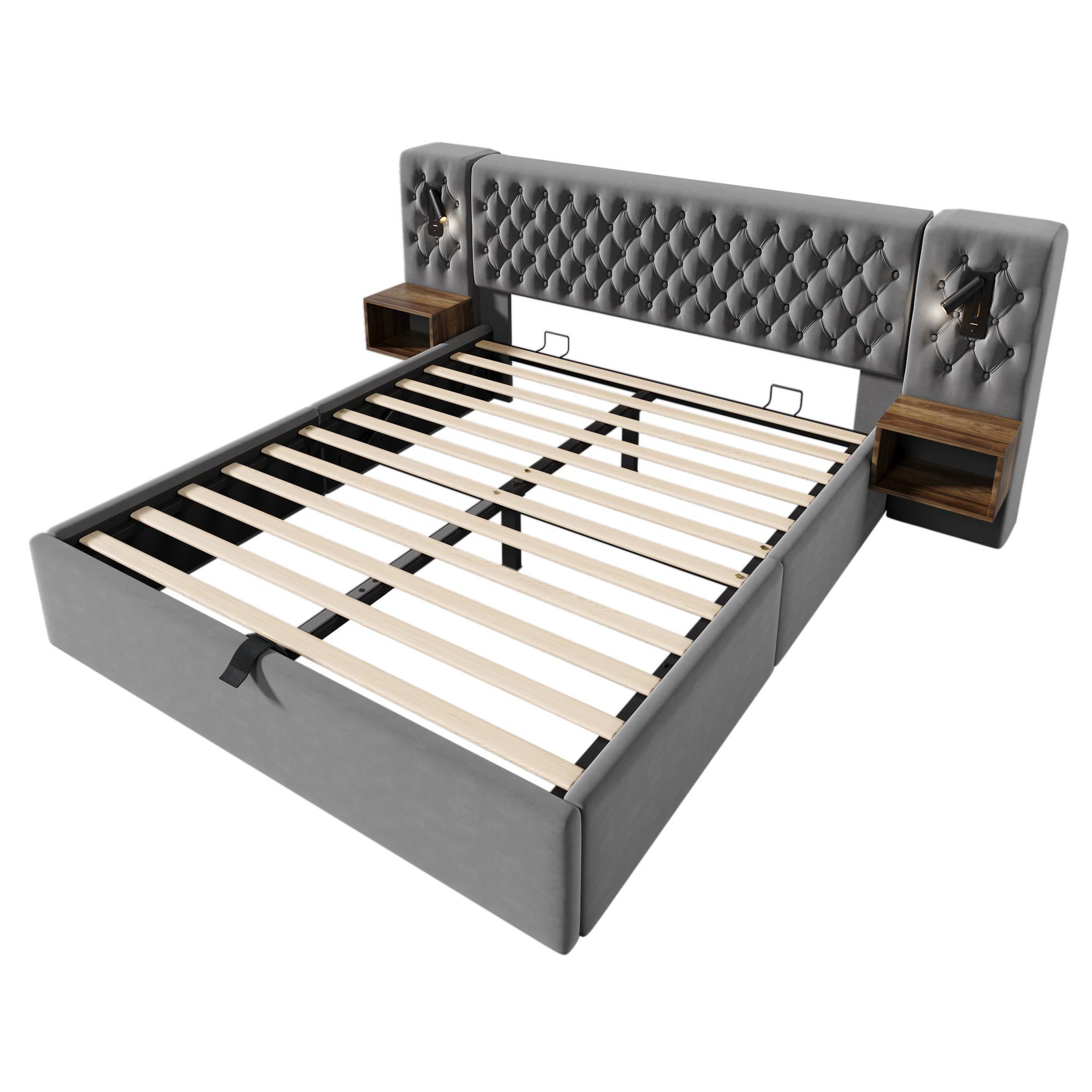 Voir la diapositive 6 : MERAX Lit coffre velours avec 2 chevets, liseuses led usb et tête de lit