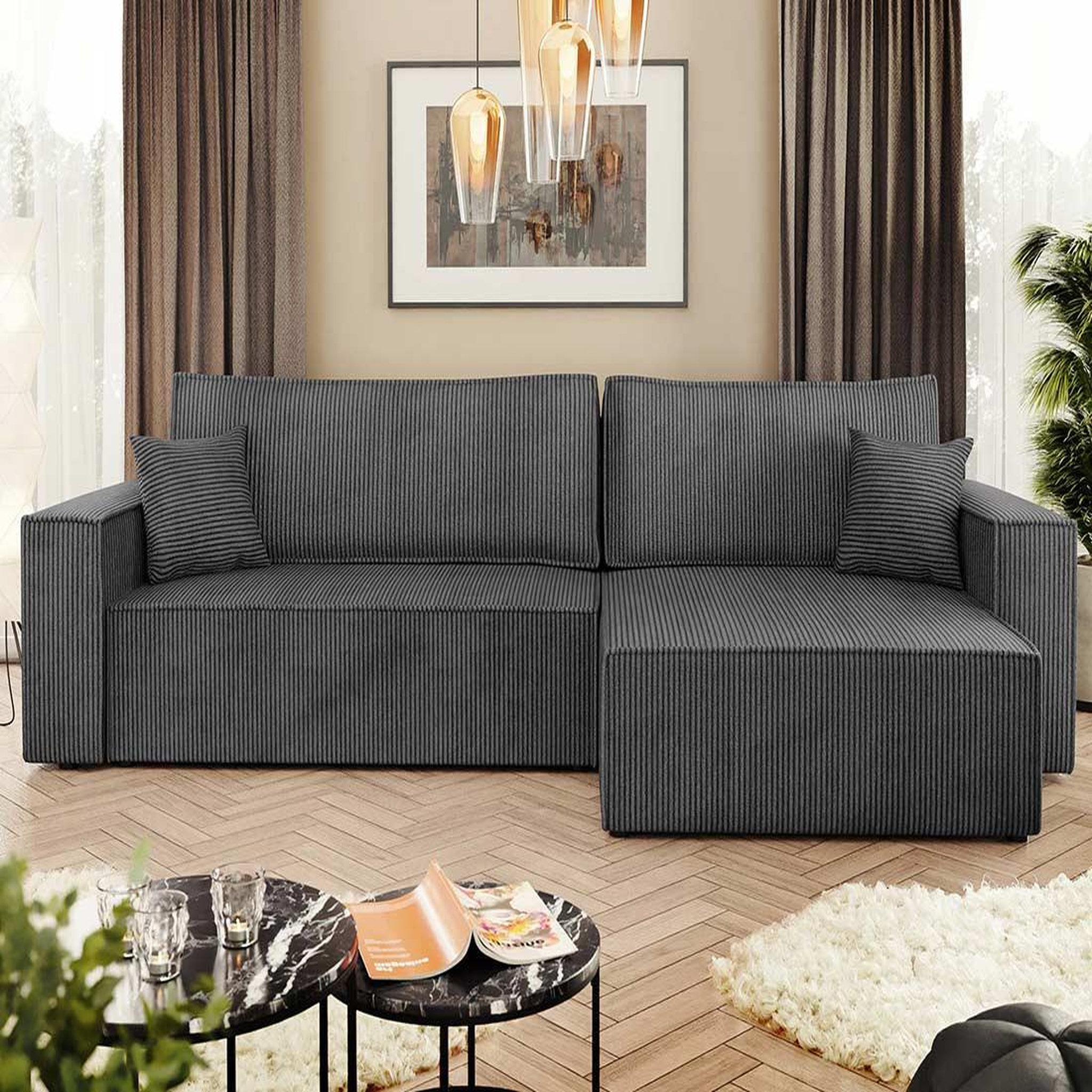 Voir la diapositive 4 : BEST MOBILIER Cezanne - canapé d'angle réversible 5 places convertible avec coffre en velours côtelé