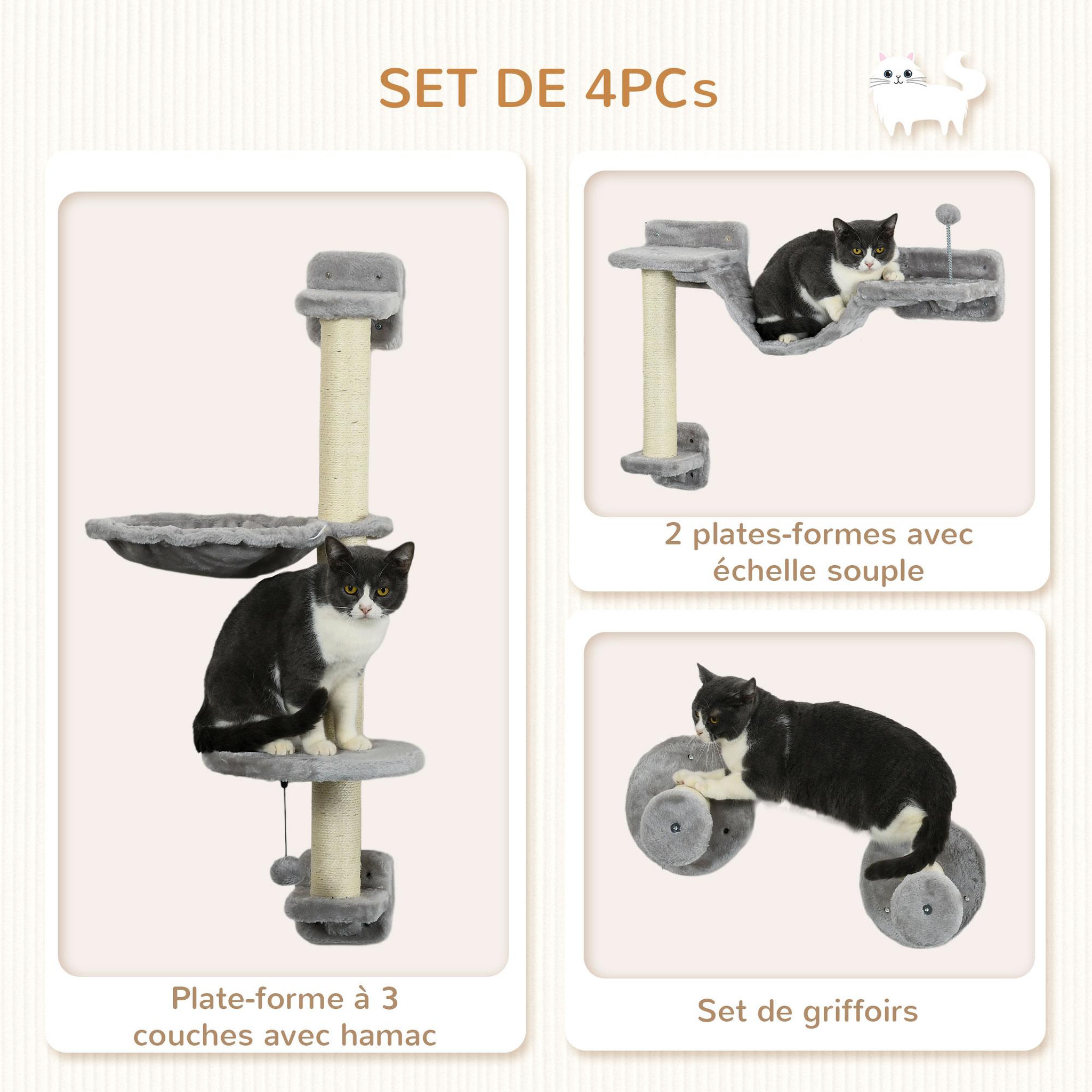 Voir la diapositive 5 : PAWHUT Mur d'escalade pour chat - arbre à chat design mural - griffoirs, plateformes, panier, hamac, jeux boules - gris