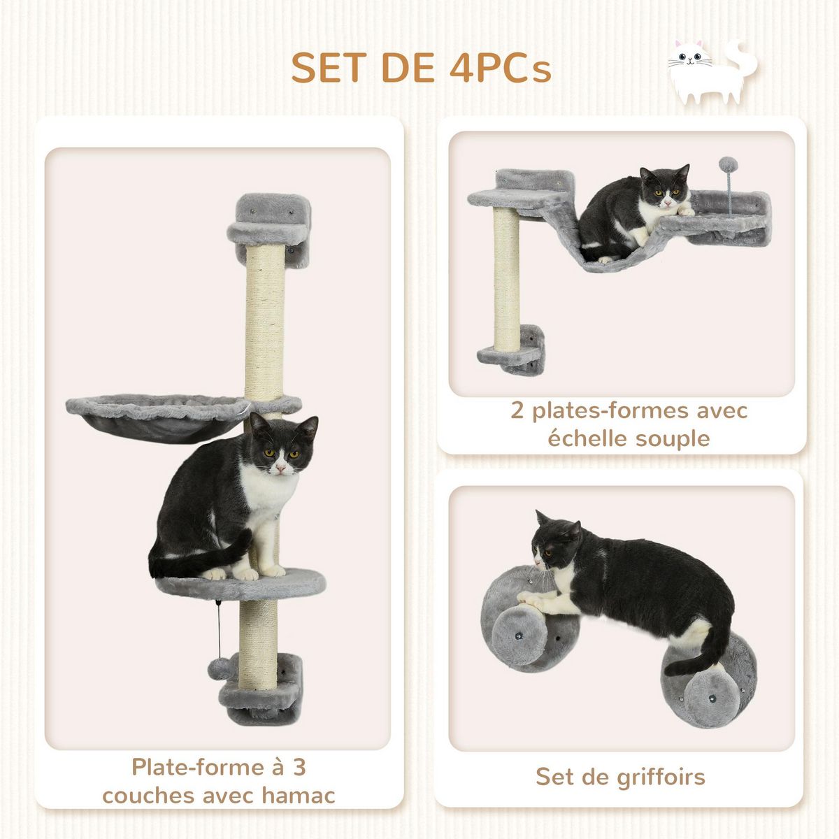 PAWHUT Mur d'escalade pour chat - arbre à chat design mural - griffoirs, plateformes, panier, hamac, jeux boules - gris
