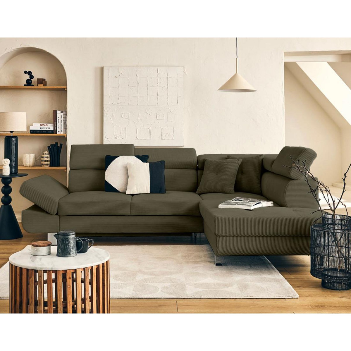 BEST MOBILIER Lisbona - canapé d'angle droit 5 places convertible avec têtières en velours côtelé